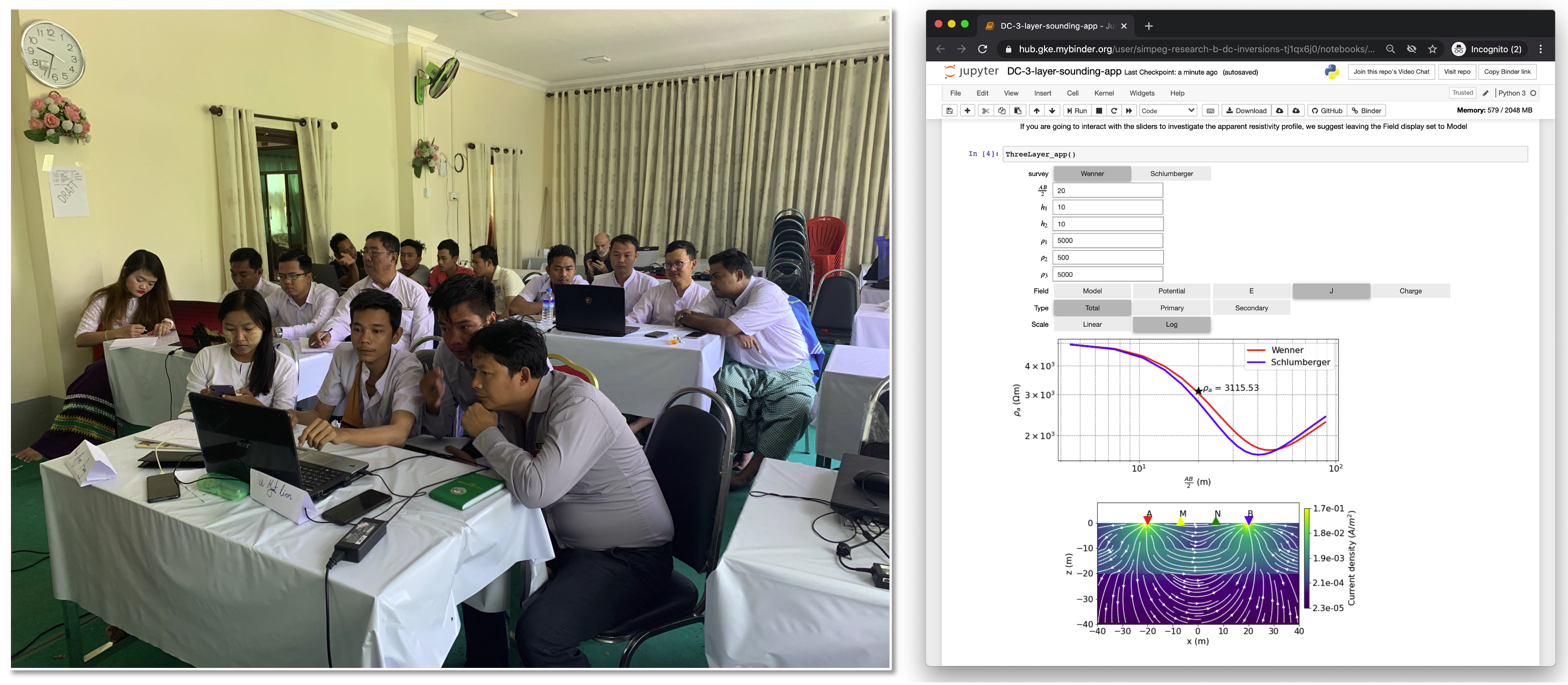 Participants in Mon State Myanmar using Jupyter Notebook “Apps” to explore fundamental concepts of DC resistivity as a part of a 2019 Geoscientists Without Borders project .