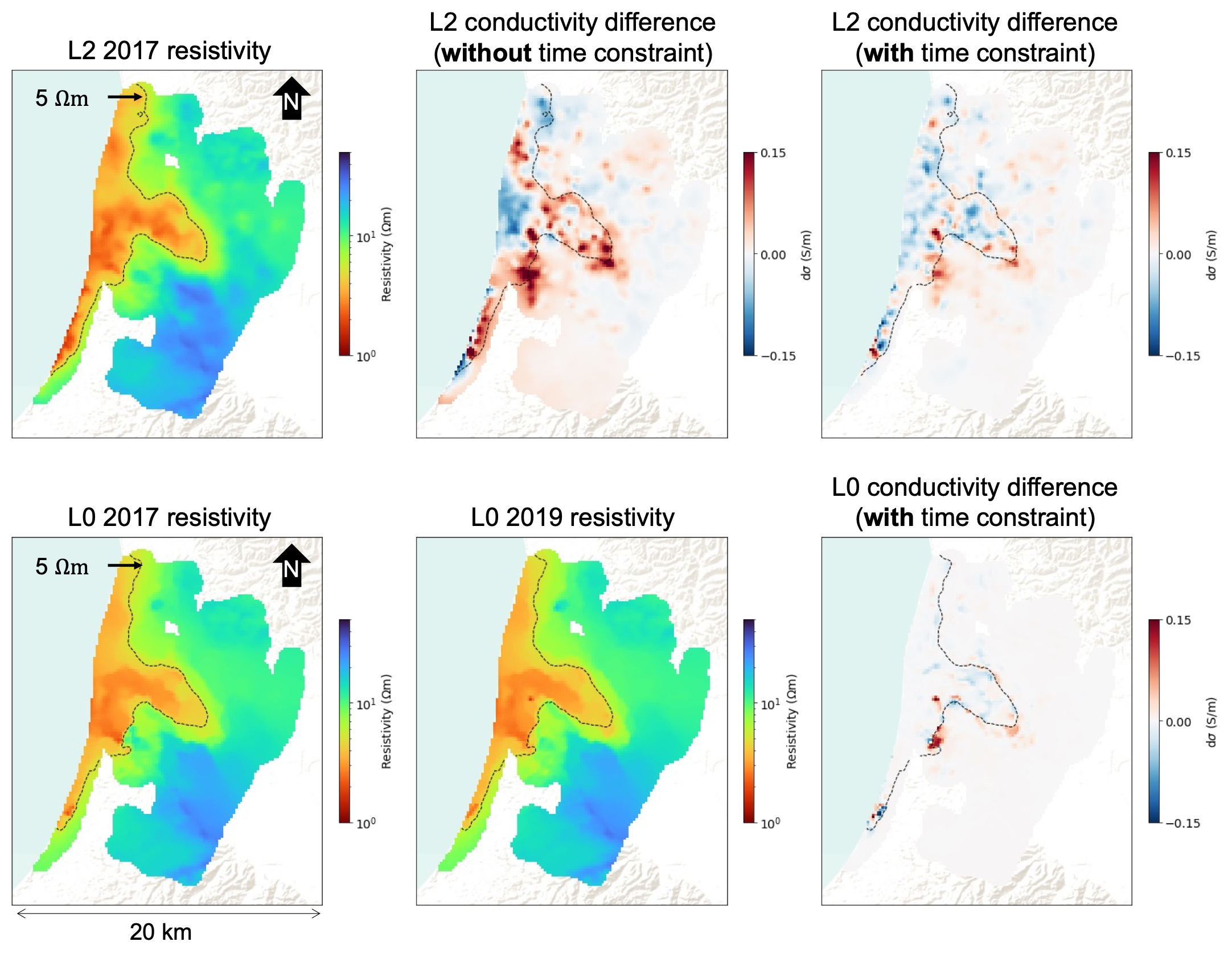 Depth slices through inversion results of airborne time-domain electromagnetic data to assess seawater intrusion in California . The top row shows \ell_2 inversion results. The bottom row shows inversion results that make use of sparse and compact norms for both the spatial regularization and the time constraint.The black line on each image is a 5 Ohm-m-contour indicating a potential interface between saltwater and freshwater.