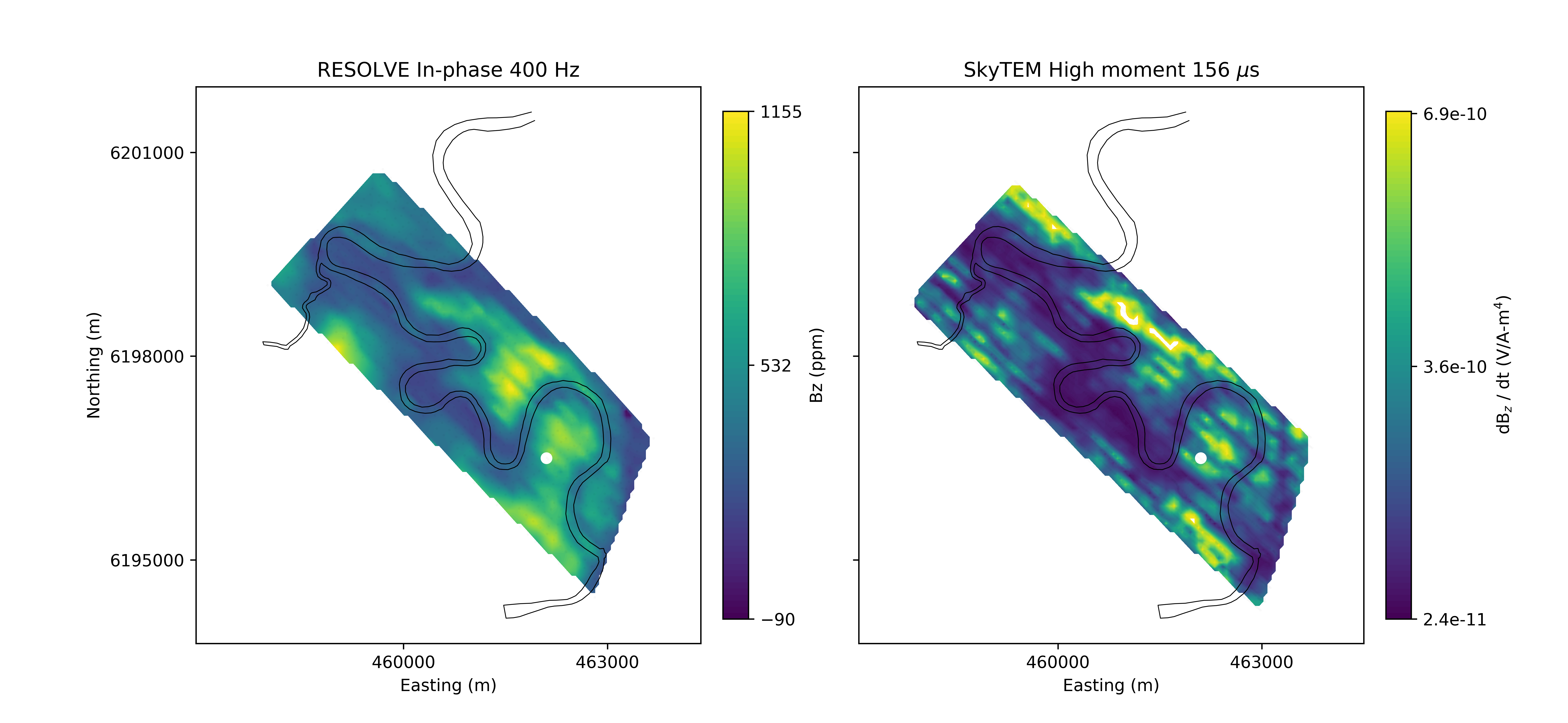 400 Hz In-phase RESOLVE data at (left) and High Moment SkyTEM data at 156 \mu s. The white dot at (462100m, 6196500m) on both images is the location of the stations chosen to demonstrate the 1D inversions in frequency and time.