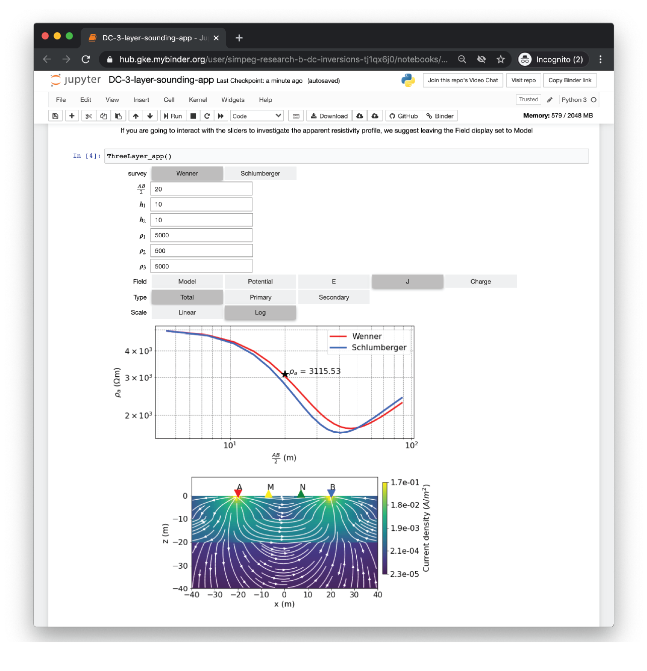 DC 3-layer app allows the user to obtain insight about the
relationships of electrode geometry, resistivity of the earth, the
currents and apparent resistivity value.