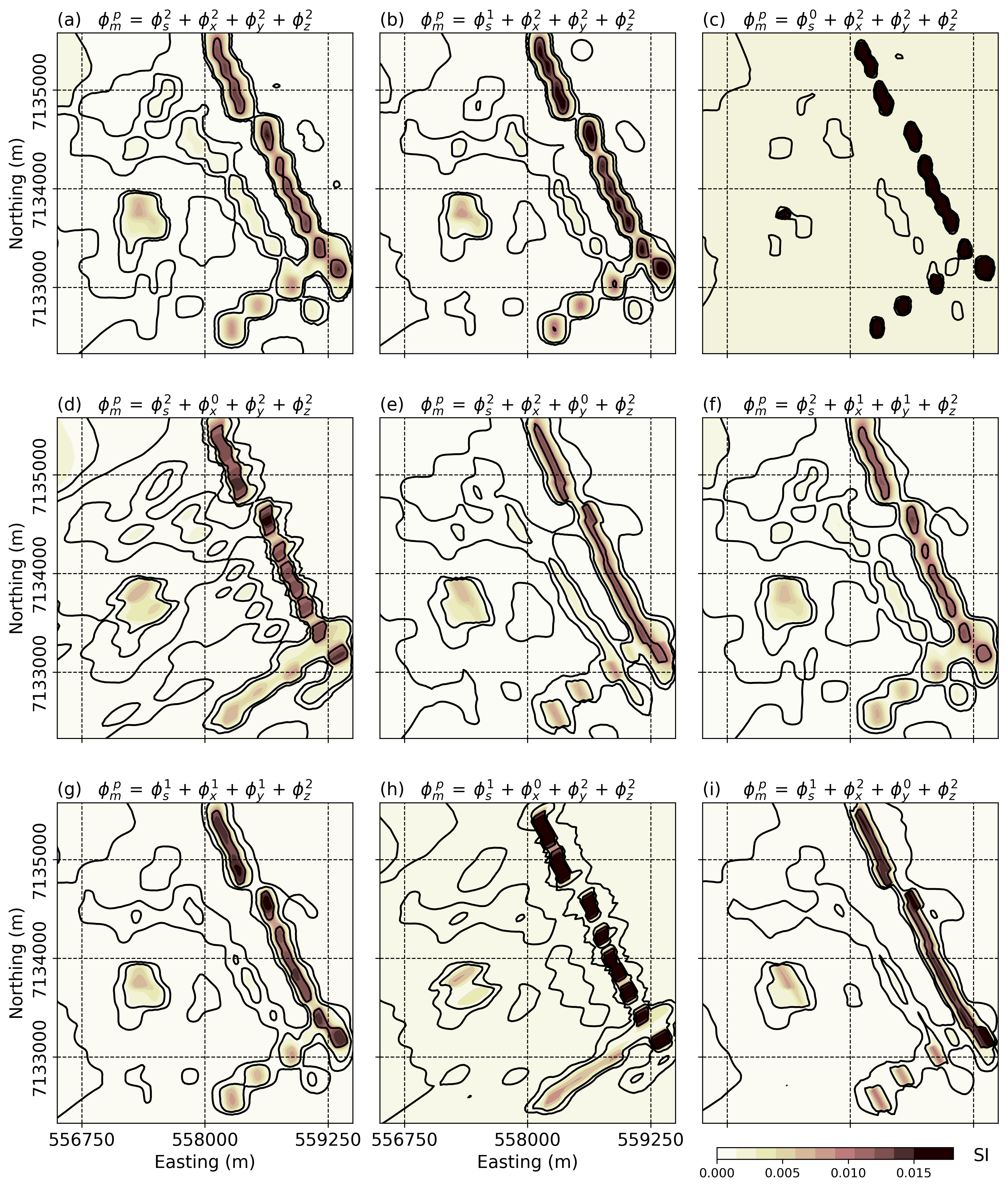 Horizontal sections through nine inversions of the airborne magnetic data over TKC after rotating back to UTM coordinates. Sparsity parameters are imposed along different directions to enforce lateral continuity.