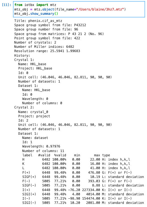 The code and output from the mtzObjectSummary.py snippet in JupyterLab.