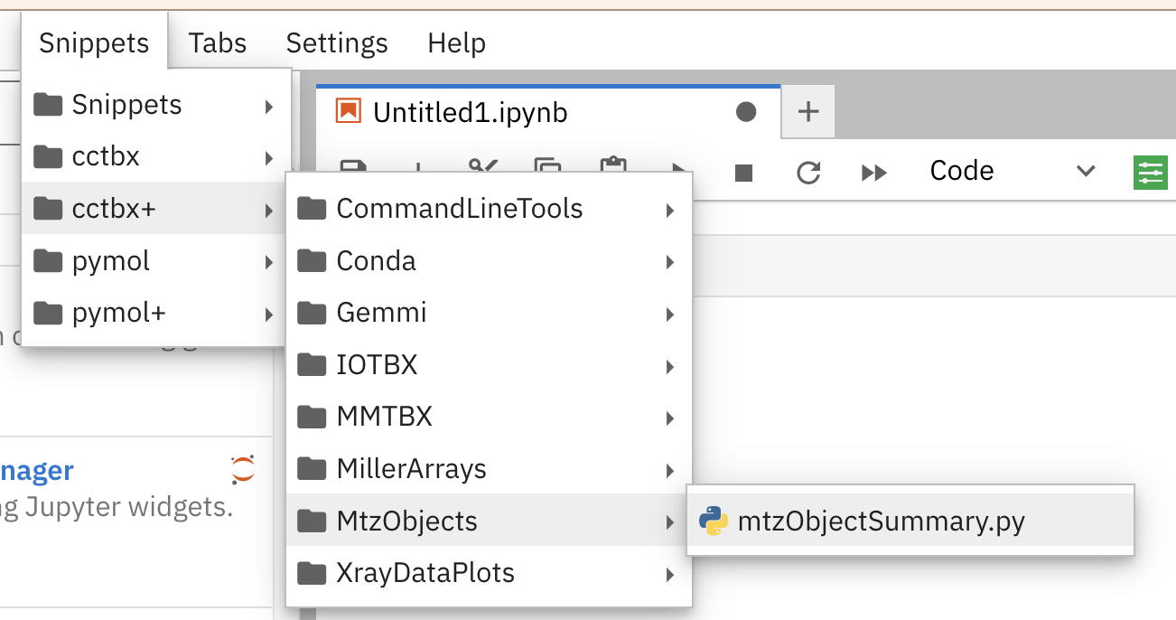 The cascading menus for the jupyterlabcctbxsnipsplus library for the jupyterlab-snippets version 0.4.1 extension in JupyterLab version 3.5.2.