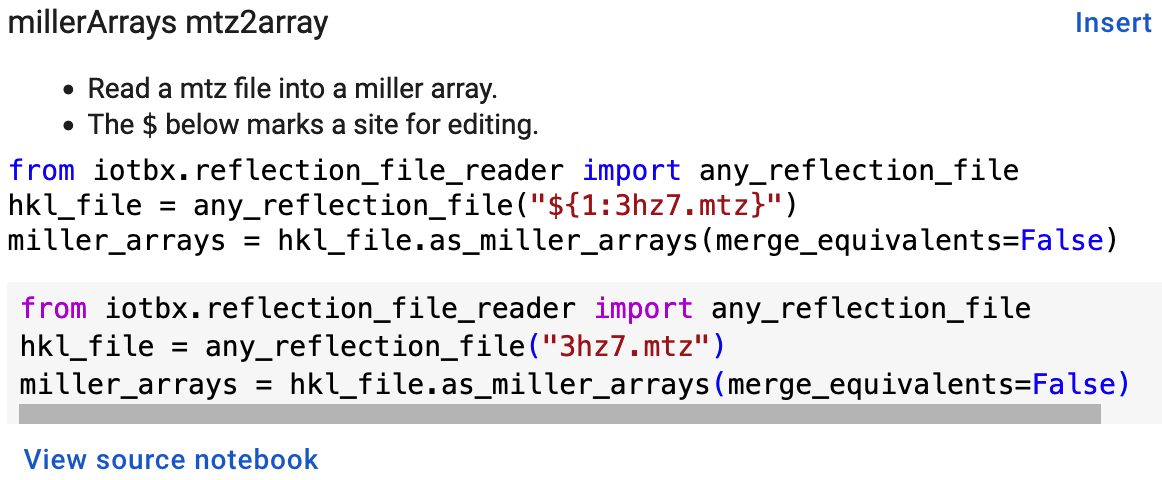 Preview of a Colab code snippet. The preview contains two copies of the code. The bottom copy of the code will be inserted into the current code cell. The top copy of the code serves as a guide to sites to be edited. The dollar sign marks the start of a tab stop where the enclosed placeholder value may need to be changed.