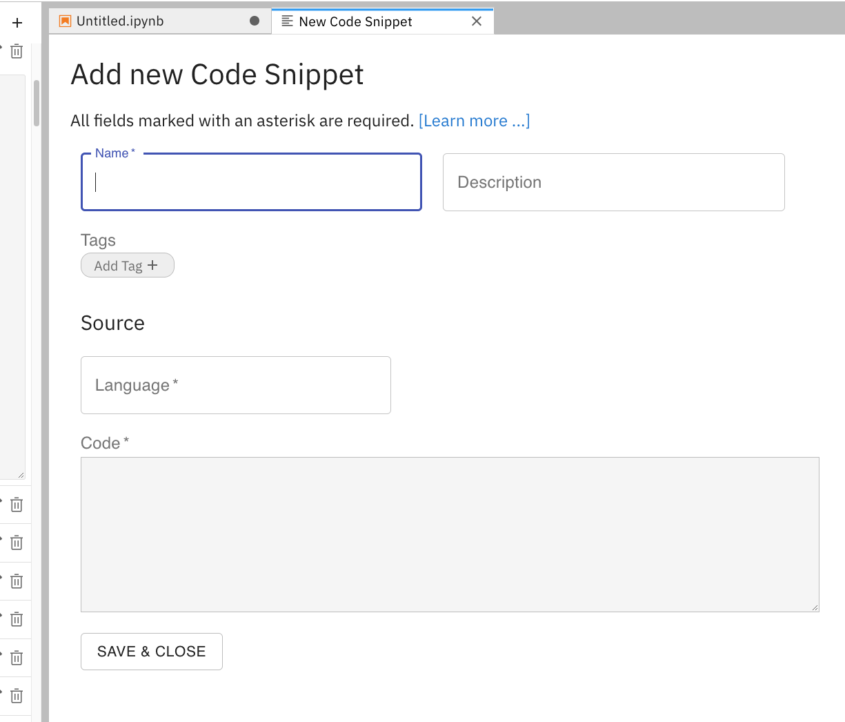 The GUI to create a new snippet via the Elyra-snippet extension for JupyterLab.