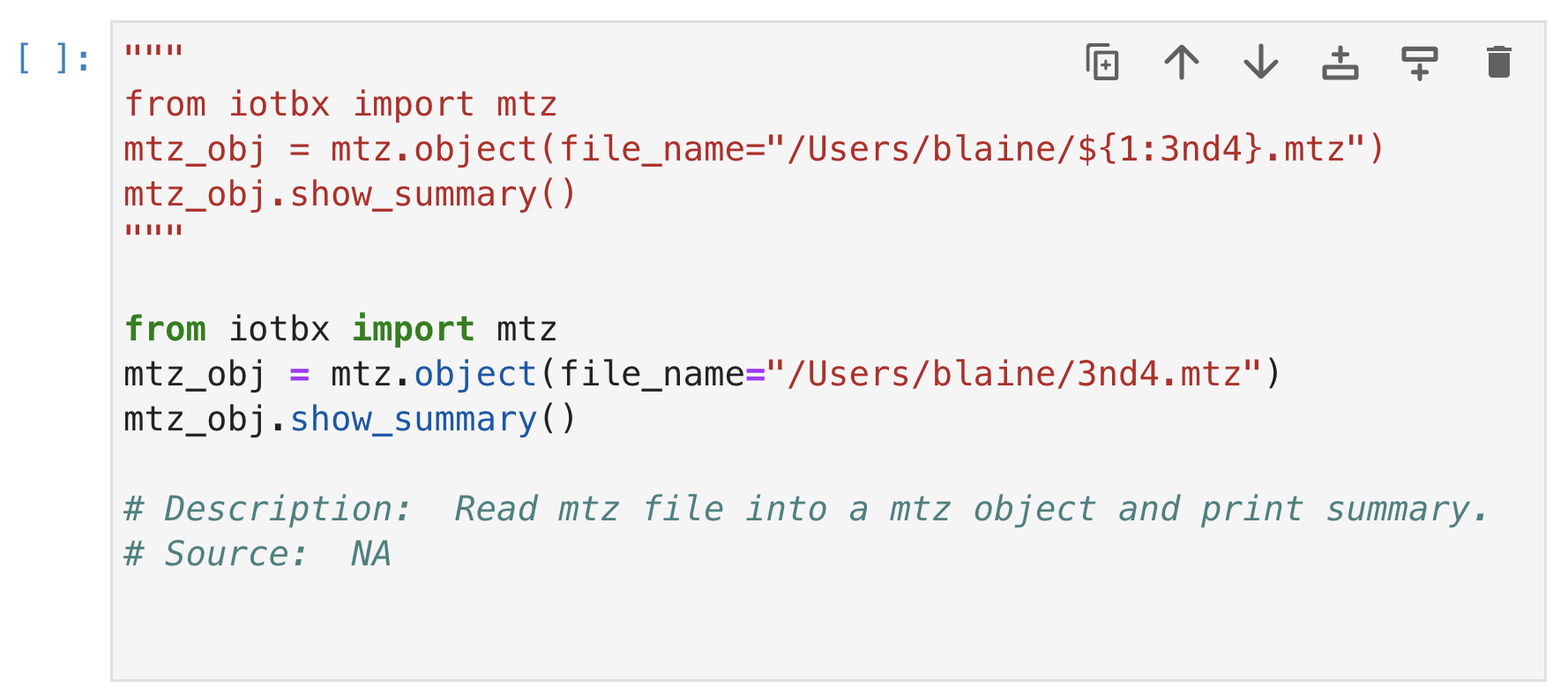 A snippet from the jupyterlabcctbxsnipsplus library with duplicate code in a comment block. The dollar sign marks the start of a tab stop. The comment block guides the editing of the active code.