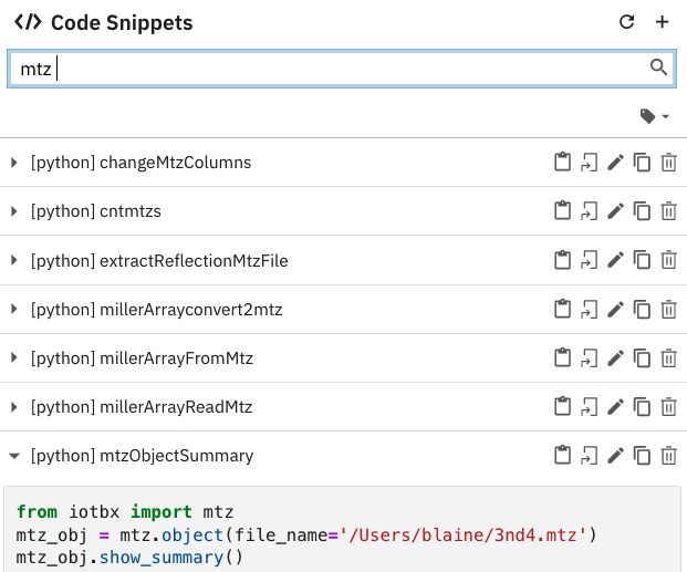 Snapshot of a list of snippets in JupyterLab supported by the Elyra-snippet extension. The 80 cctbx snippets have been narrowed to seven snippets by entering the mtz tag. Additional tags can be entered to further narrow the list of candidate snippets.