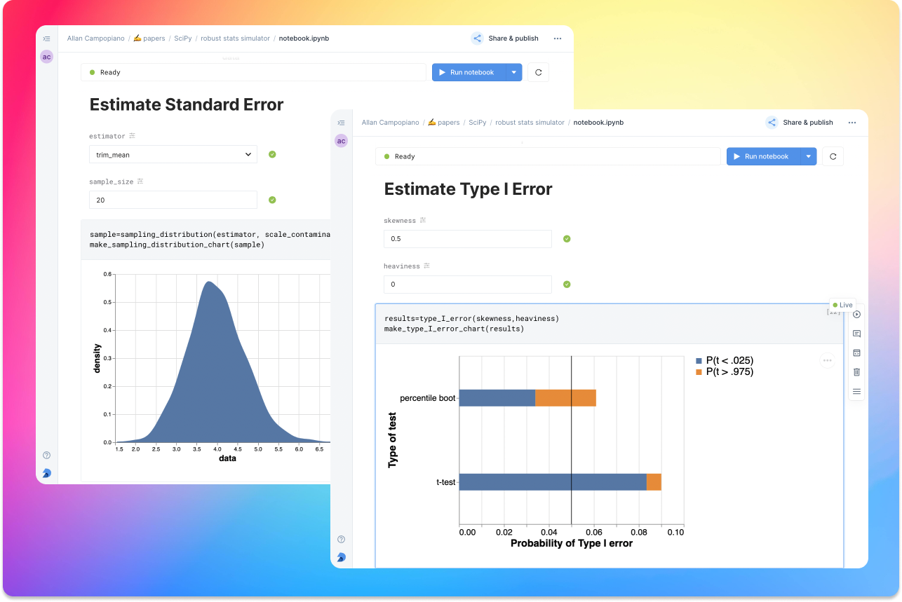 An example of the robust stats simulator in Deepnote’s hosted notebook environment.
A minimalist UI can lower the barrier-to-entry to robust statistics concepts.