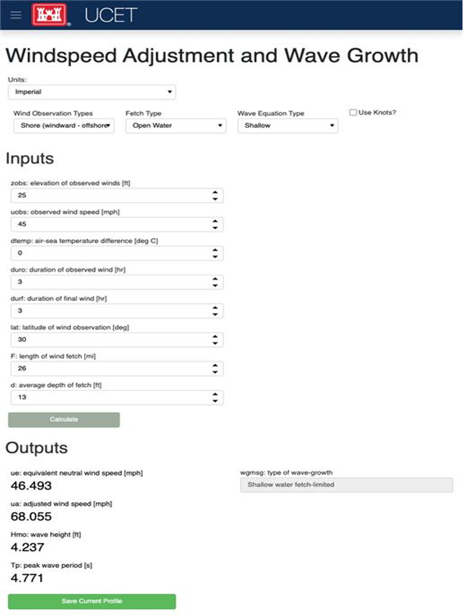 Screen shot of Windspeed Adjustment and Wave Growth