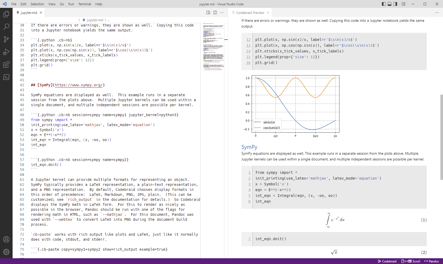 Screenshot of a Markdown document with Codebraid Preview in VS Code. This
document uses Codebraid to execute code with Jupyter kernels, so all plots
and math visible in the preview are generated during document build.