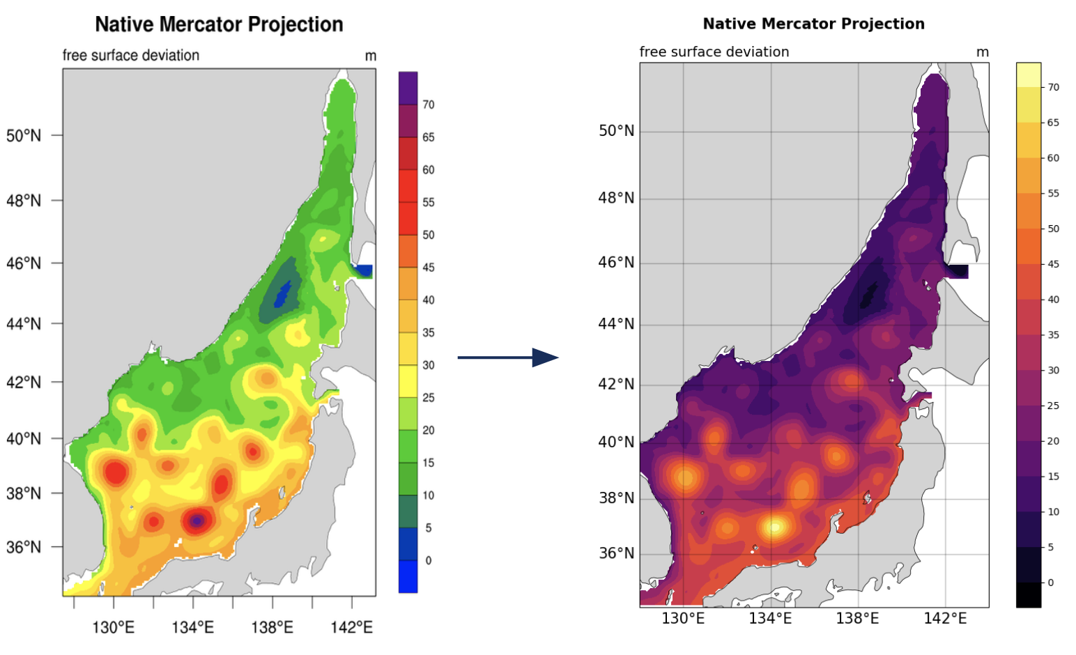 Comparison between NCL (left) and Python (right) when choosing a
colormap; GeoCAT-examples aiming at choosing color blind friendly
colormaps 