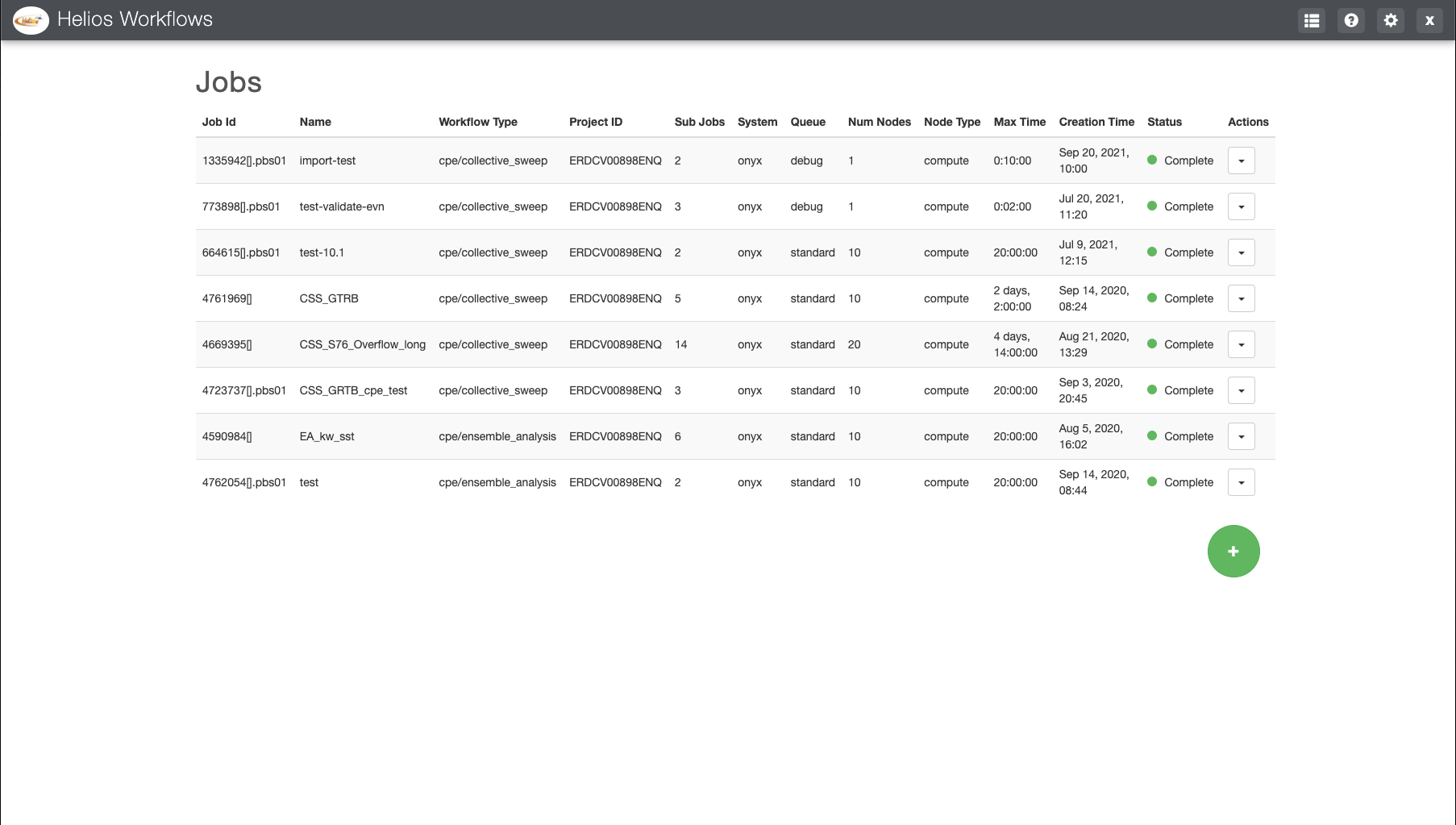 Helios Tethys App home page showing a table of previously submitted Helios simulations.