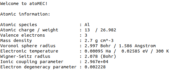 Auto-generated print statement from calling the atoMEC.Atom object.