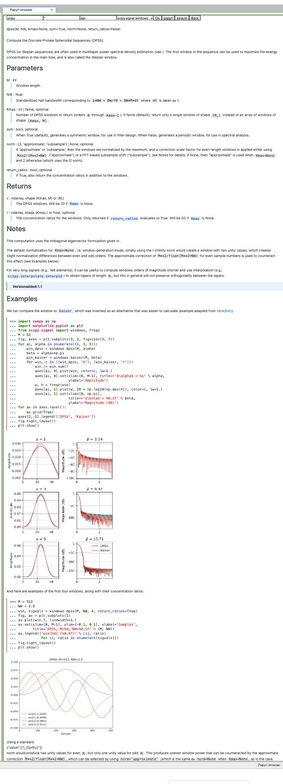 Example of extended view of the Papyri documentation for Jupyterlab extension (here for SciPy). Code examples can now include plots. Most token in each examples are linked to the corresponding page. Early navigation bar is visible at the top.