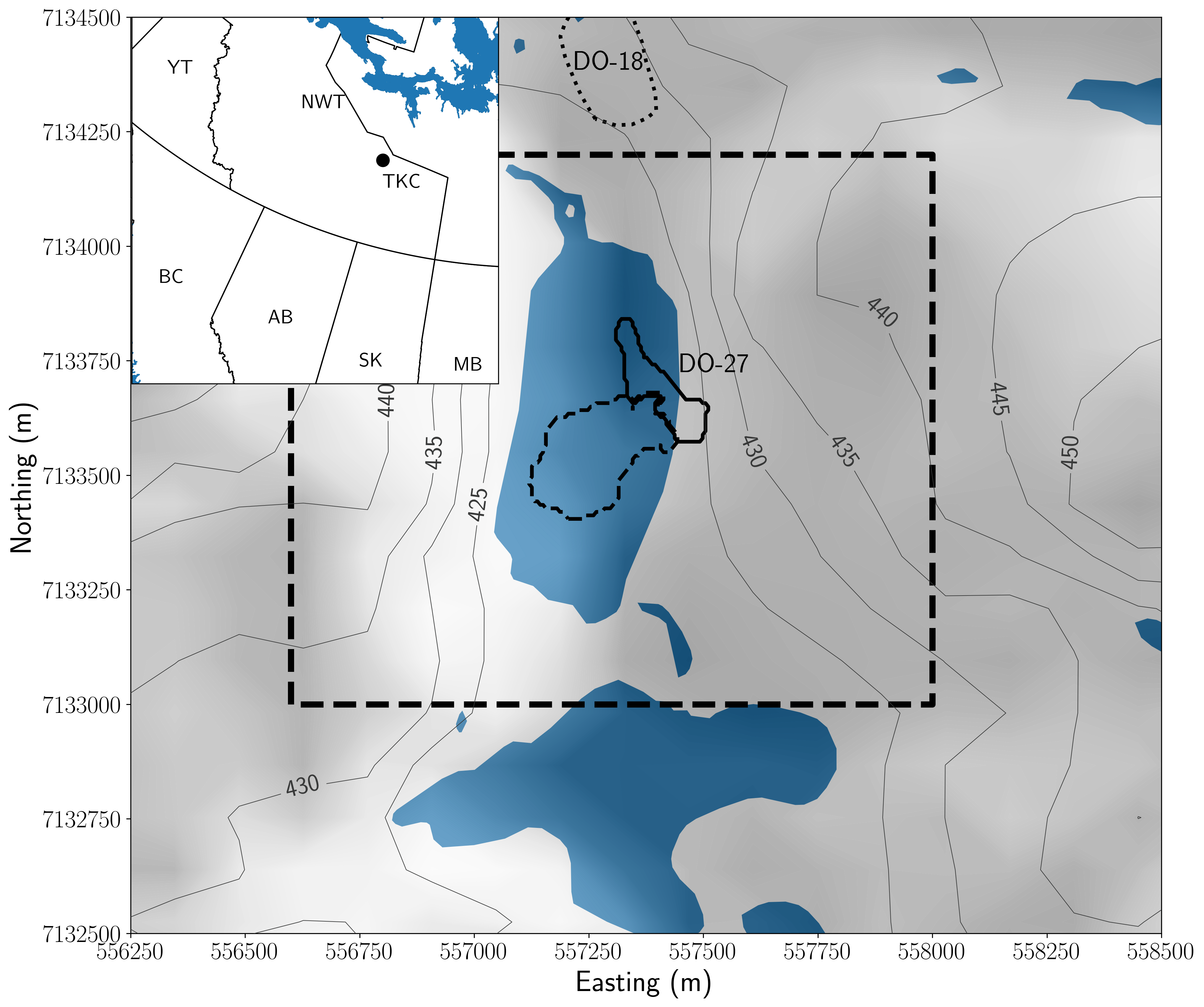 Topography map (gray contours and shaded background) and hydrography (blue) at the DO-27 kimberlite pipe in the Northwest Territories, Canada (location in inset). The area of interest is represented as a dashed box. Outline of the PK/VK (dashed) and HK (solid) kimberlite facies present in the pipe are extracted from the geologic model at 285 m of elevation are overlaid on the map. DO-18 is visible at the northern boundary of the map. Geographic projection: UTM 12N, NAD27.