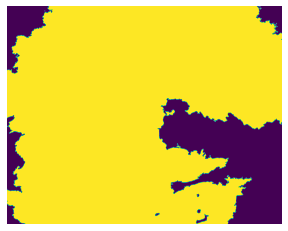 Example of a resulting ground truth mask in a forested area affected by wildfires. The mask highlights wildfire-affected areas in yellow and unaffected areas in purple. This binary mask is used to train and validate deep learning models for accurate wildfire detection