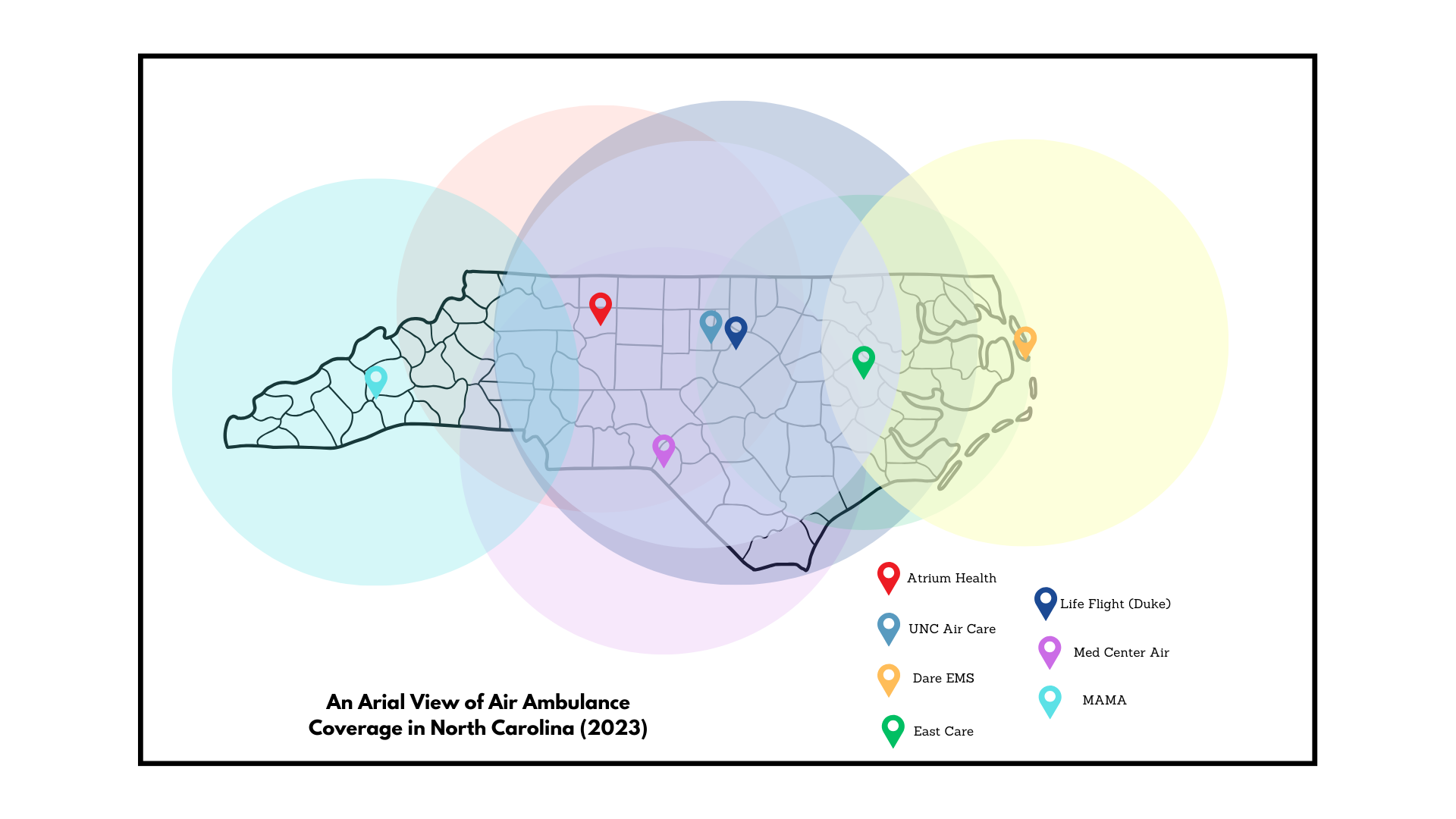 This figure displays the air ambulance service territories throughout North Carolina in 2023.