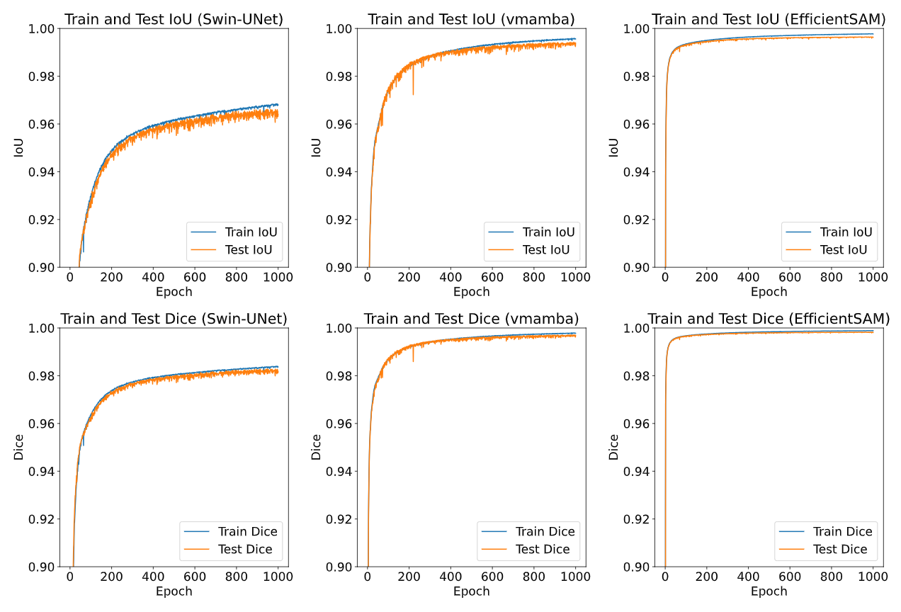 Comparison of training and test IoU and Dice coefficients for different segmentation models: Swin-UNet, VMamba, and EfficientSAM.