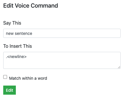 Entering a single voice trigger and the corresponding command in Voice In Plus.