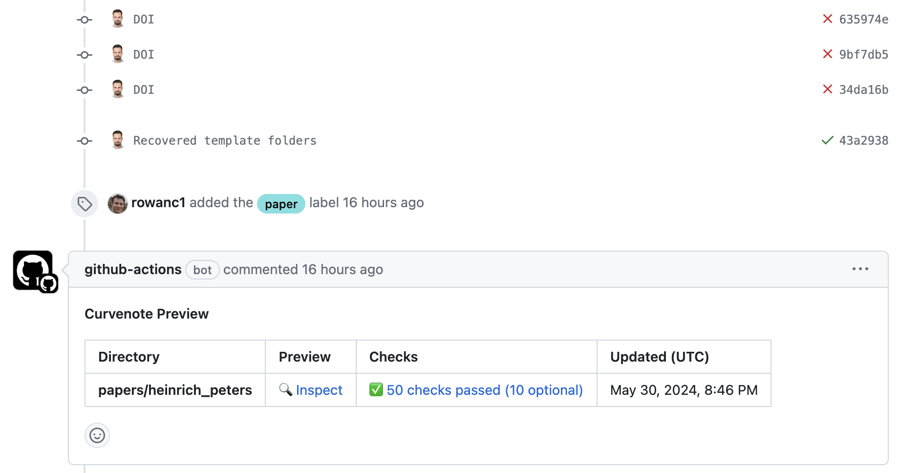 An example of a comment by a GitHub action, which shows the checks and preview of the article directly.
The checks in this example have promoted the author to improve metadata, see .