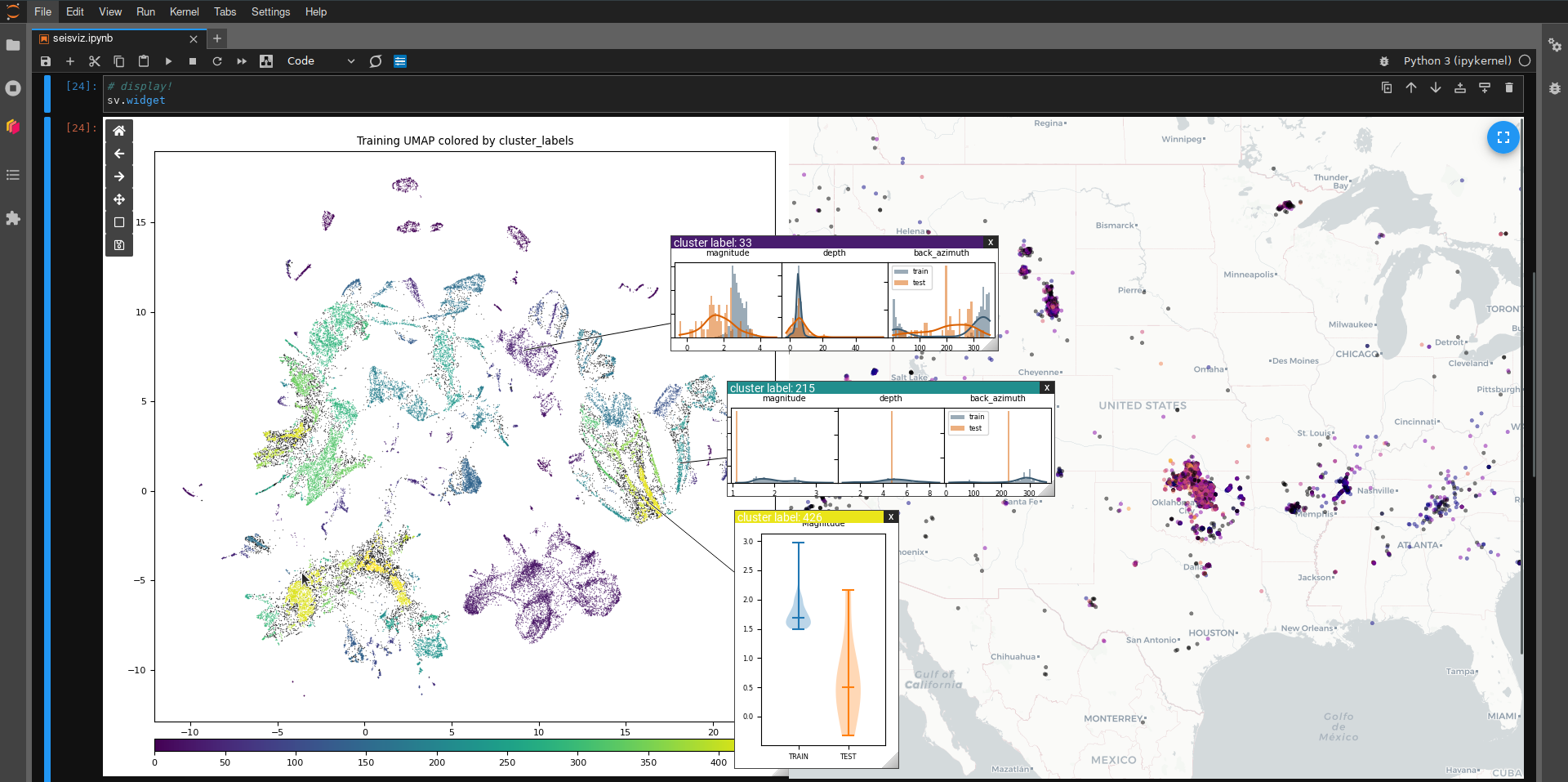 A dashboard for exploring seismic station data embedded with a self-supervised
encoder model. The background layout is a Matplotlib UMAP and a plotly
geographic map. Pictured are three draggable overlay (“windowed”) Matplotlib
plots (with colored bars on top) that provide additional details for
user-selected clusters found within the UMAP.