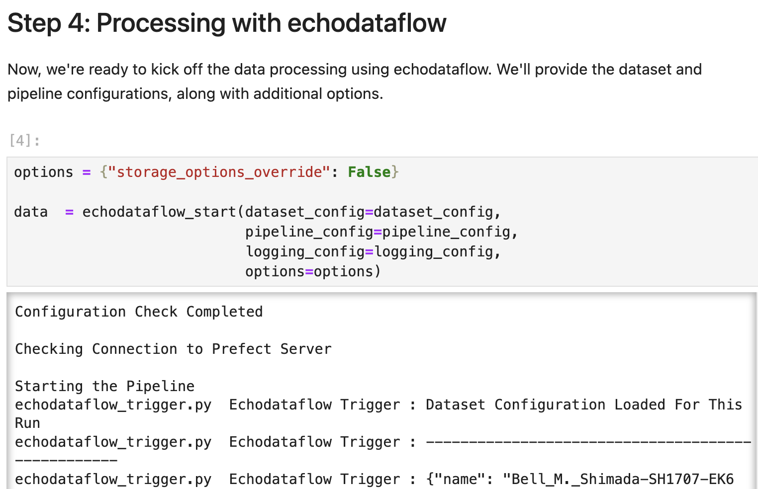 Initiating echodataflow in a Jupyter Notebook: Once one has a set of “recipe” configuration files, they can initiate the workflow in a notebook cell with the echodataflow_start command.