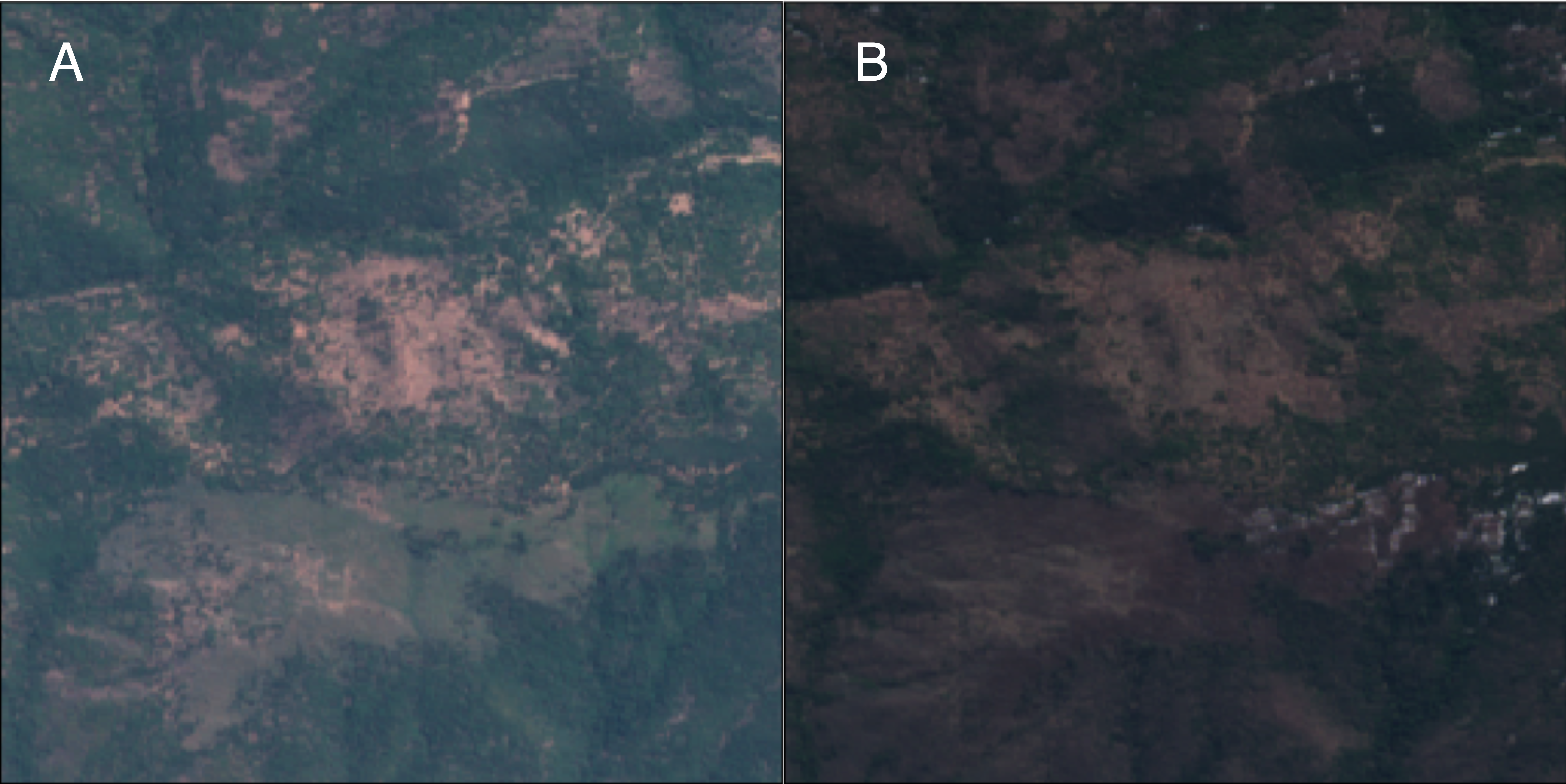 Representation of a 6 Channel RGB GeoTIFF Input. A: Representation of a 3-channel RGB GeoTIFF forested area before a wildfire B: Visual example of a 3-channel RGB GeoTIFF forested area after a wildfire.