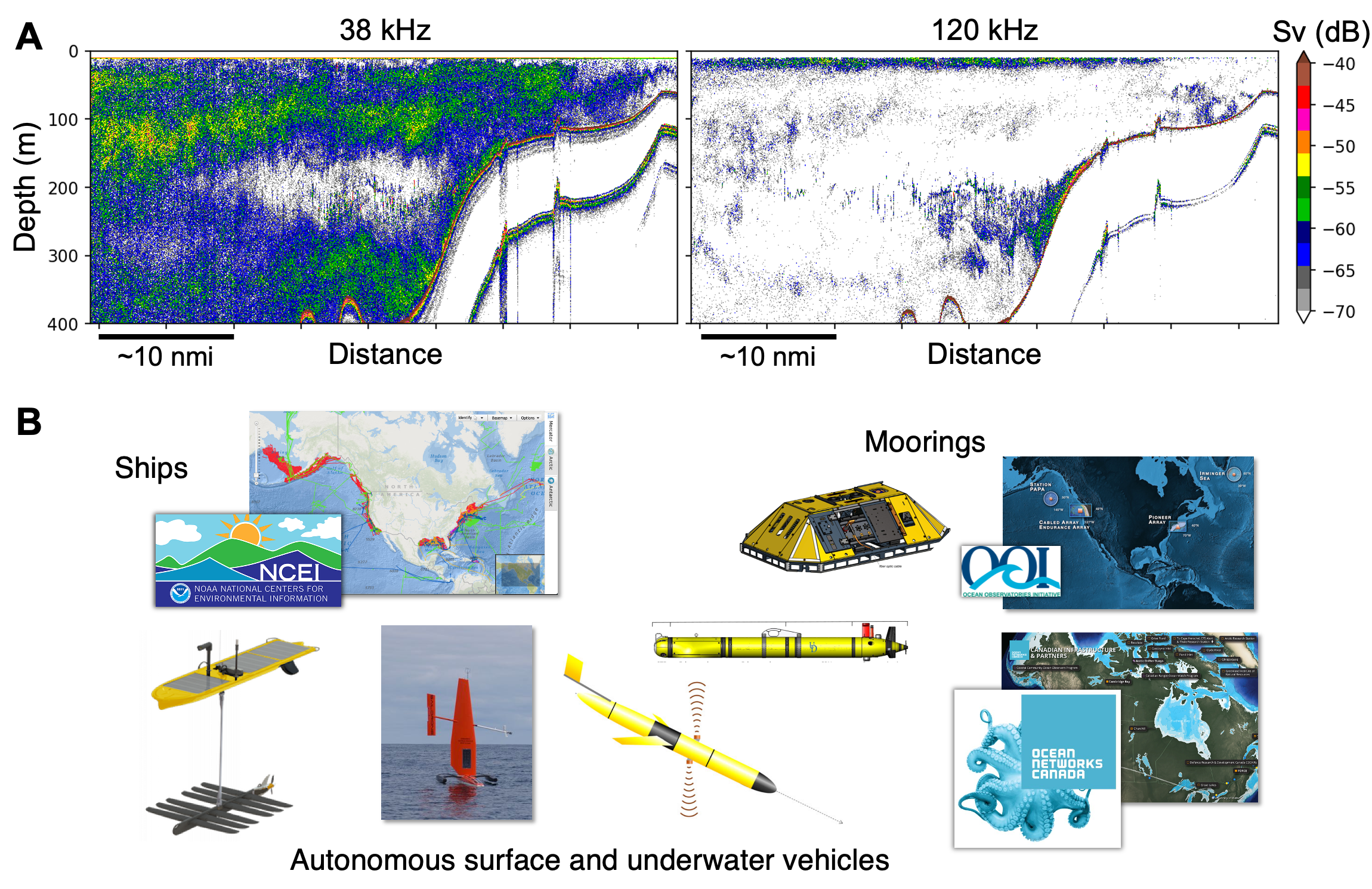 (A) Echograms (sonar images formed by aligning echoes of consecutive transmissions) at two different frequencies. Echo strength variation across frequency is useful for inferring scatterer identity. Sv denotes volume backscattering strength (units: dB re 1 m^{-1}). (B) The variety of ocean observing platforms with echosounders installed.