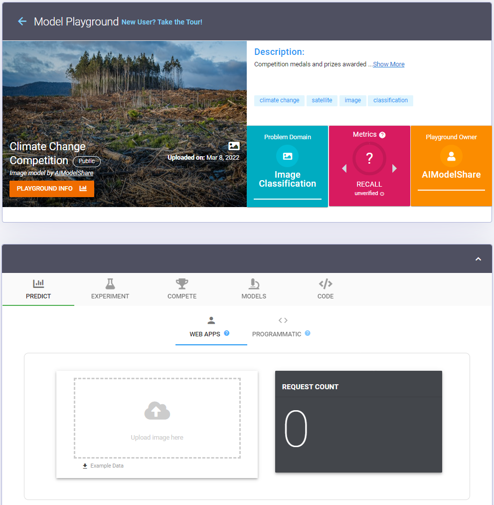 Example of a Model Playground page. The model playground page allows users to make predictions by uploading data or accessing rebuilt code to make API calls, access Experiment and Competition leaderboards, inspect and compare model architectures, and access code submissions.