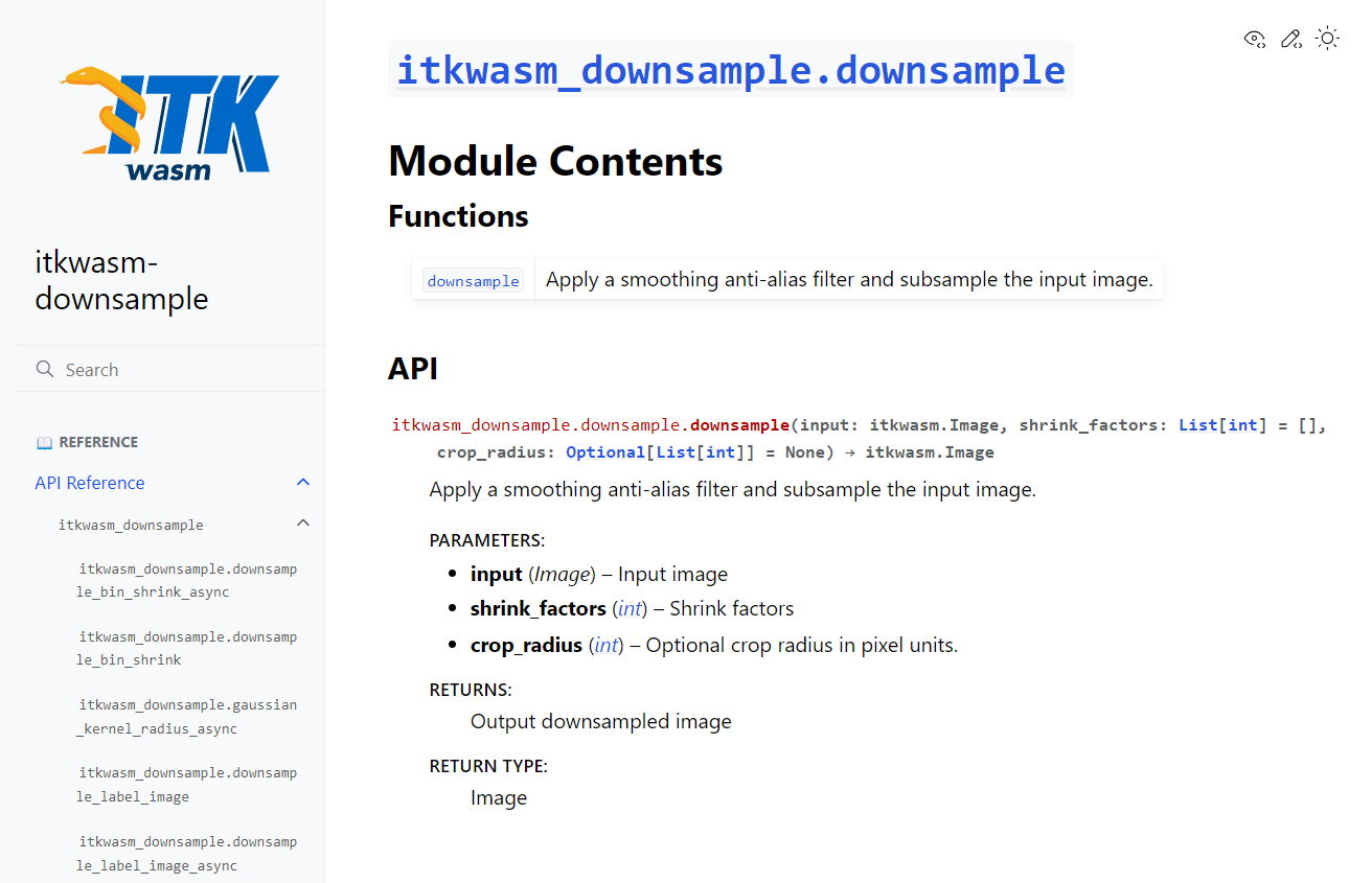 Generated API documentation describes the Pythonic interfaces.