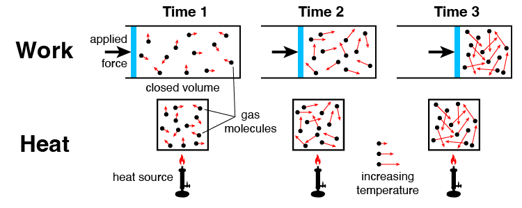 Increasing gas temperature via work or heat.
By time 3, the states are indistinguishable, meaning that we cannot determine if the increased temperature is due to heat transfer or applied work.