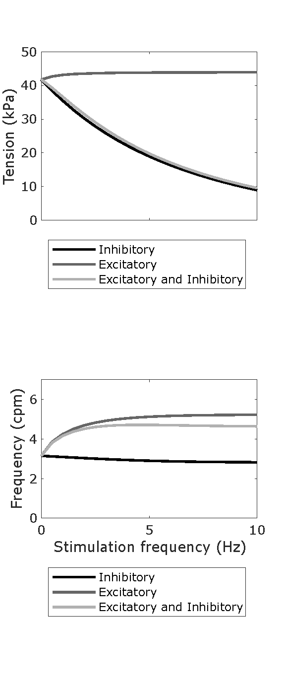 Parameter sweeps showing the phasic contraction amplitude and frequency across neural regulation input values for f_i and f_e separately from 0 – 10 Hz with an increment of 0.05 Hz. The parameter values were set to the optimised values as determined in the Primary Publication. Reproduces Figure 5A and Figure 5B from the Primary Publication. Script: figure_generation/dosage_sweep_plot.m; Figure: generated_fig/dosage_sweep_21_<timestamp>.svg