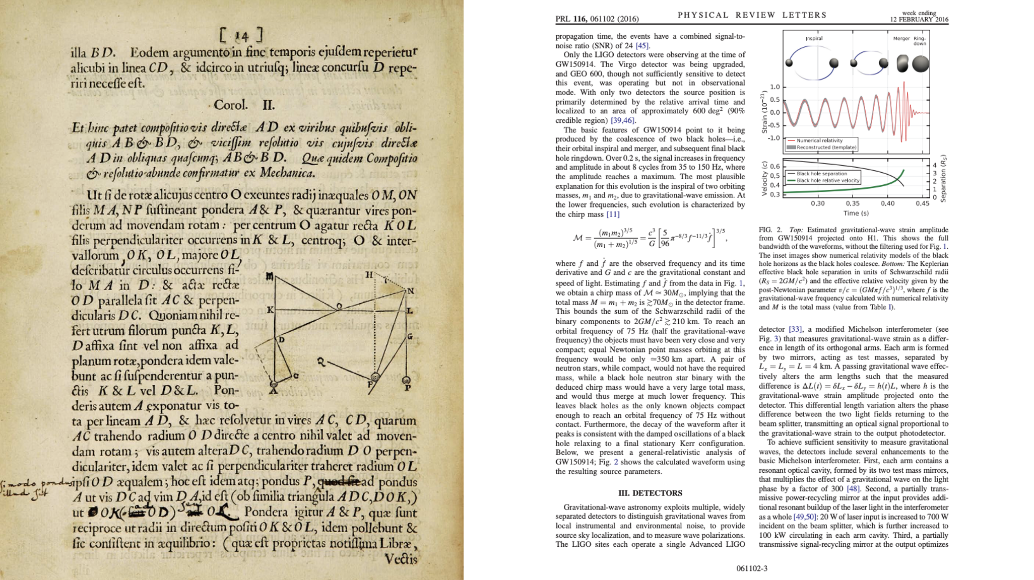 A snapshot of scientific progress — and the constraints on our communication. On the left, a page from Newton’s Principia Mathematica (1687) filled with geometric diagrams and dense Latin prose. On the right, a 2016 Physical Review Letters article describing the Nobel-winning detection of gravitational waves, featuring modern typesetting, equations, and plots. Despite the scientific advances between these works, both represent ideas in static formats — disconnected from the data, methods, or computational steps that underpin them.