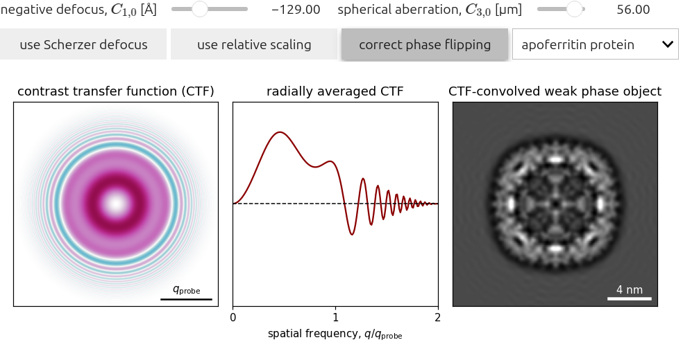 Effect of various probe aberrations on the CTF for tcBF with a pixelated detector.
The resulting CTF is shown on the left panel, with its radial average in the middle panel, and its effect on example weak phase objects on the right panel.