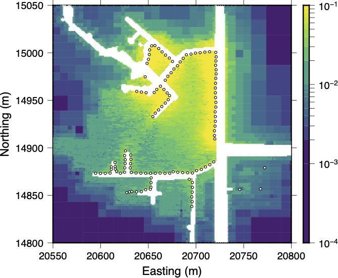 A plot showing the approximate model resolution for the depth section shown in Figure %s. Higher resolution areas are focused around electrodes 61-120 which are connected with Cable 2. In the z-direction, only a small decrease in resolution is observed out to about 10m above or below the main tunnel level suggesting that structures within this region are constrained by the data.