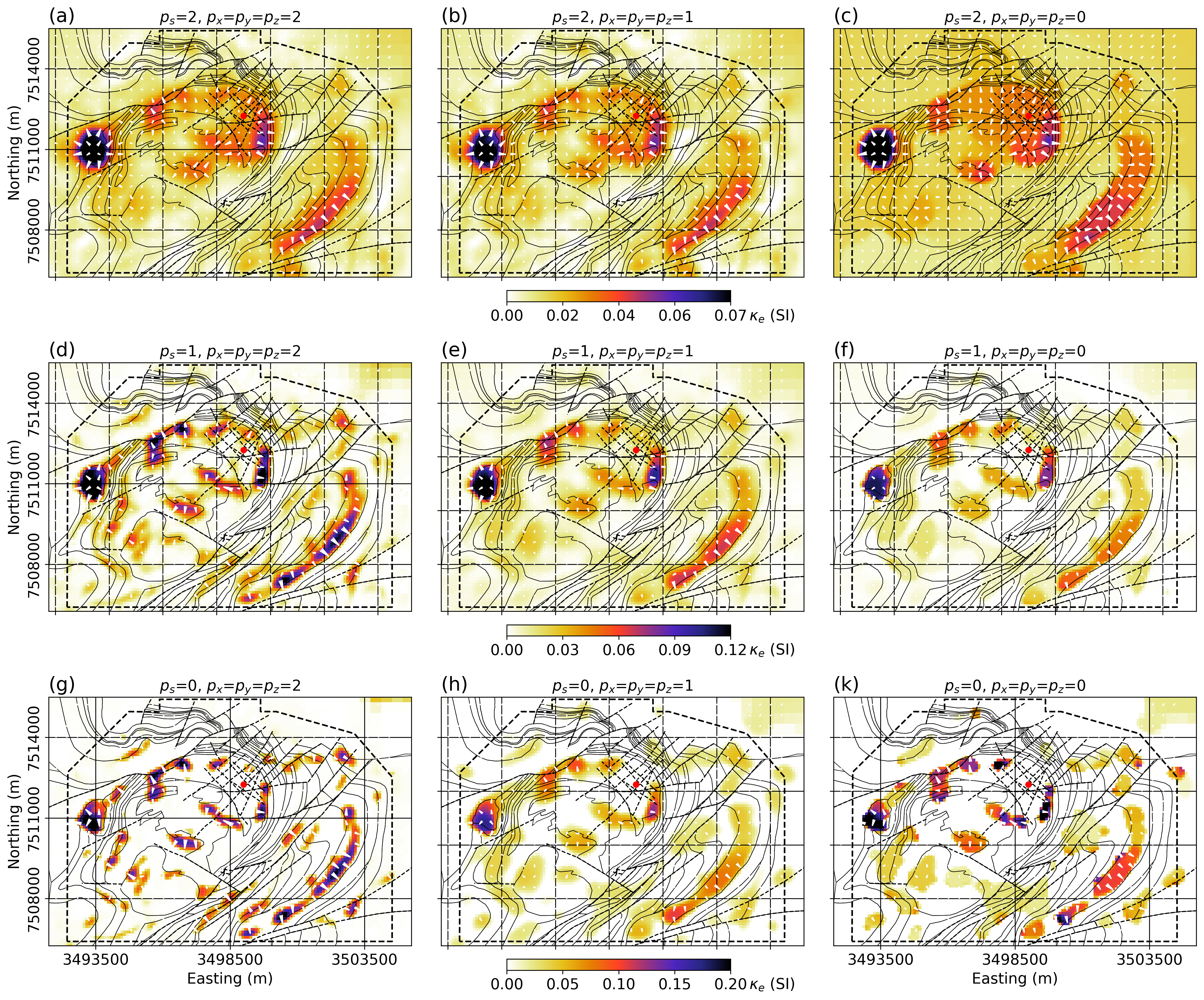 Horizontal sections at \approx 300 m below topography for a suite of models using various sparsity assumptions put on the amplitude of magnetization for p_s\;, p_{x,y,z} \in [0,\: 2]. Norm measure on the magnetization angle are fixed to p_{x,y,z}=0 in order to promote uniform magnetization direction.