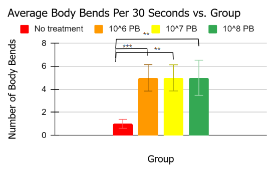 Probiotic treatment remained consistent with increasing thrashing behavior in Day 8 worms. The solid red bar represents the untreated worms, which were solely exposed to MC4100 E. coli. The orange bar represents the treated worms, which were exposed to 10^6 CFU/mL probiotic supplementation alongside MC4100. The yellow and green bars represent the treated worms exposed to the 10^7 and 10^8 concentrations of the probiotic supplementation, respectively. Overall, the treated worms experienced a significant (p<0.05) number of thrashes per 30 seconds compared to the untreated worms and experienced an insignificant difference in thrashes amongst themselves. The worms in treatment groups yielded the same average number of thrashes, presenting no statistically significant difference (p>0.05). In terms of p-value, one star signifies p<0.05, two stars signify p<0.01, and three stars signify p<0.001.
