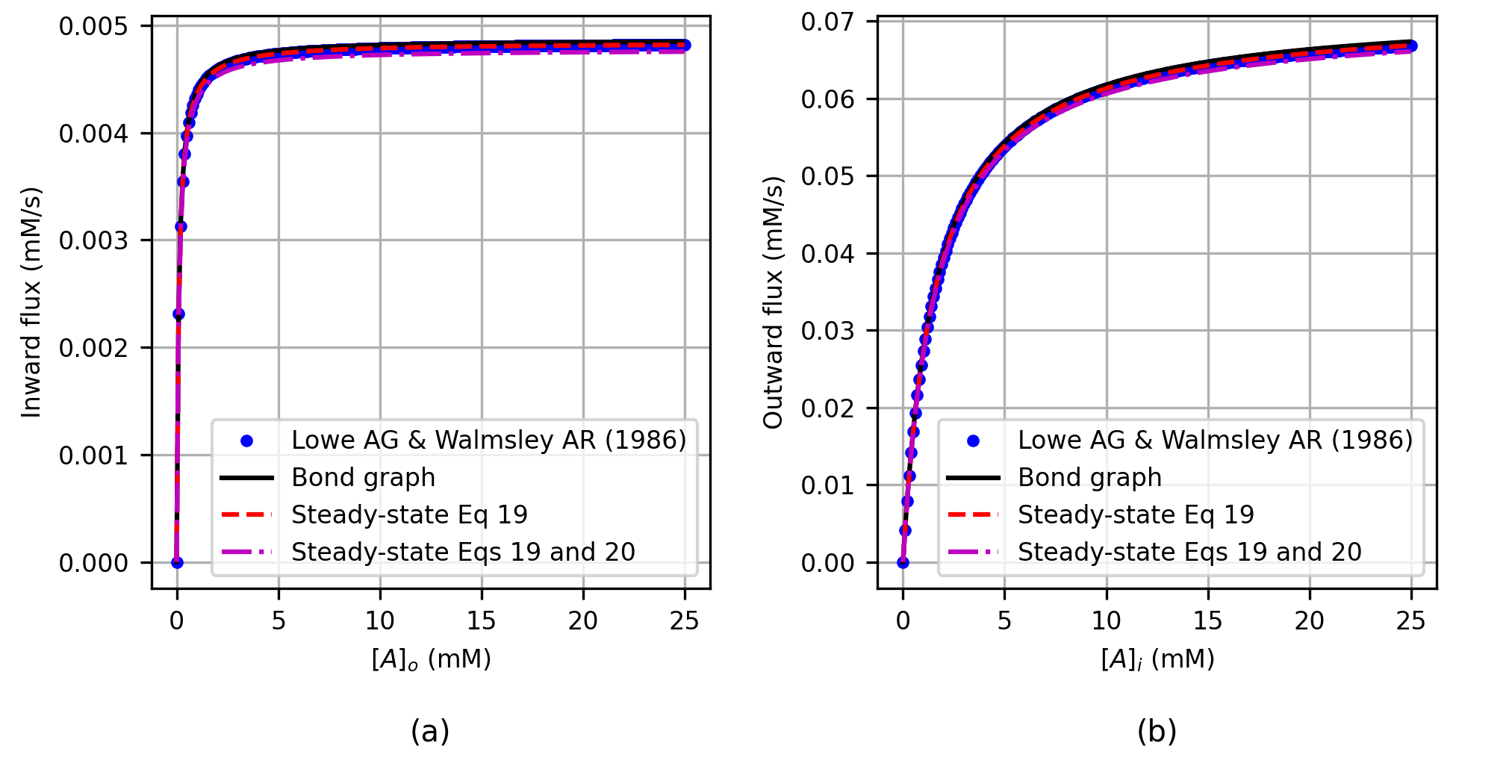 (a) Inward flux as a function of [A]_o when [A]_i =0, and (b) outward flux as a function of of [A]_i when [A]_o =0. Note that in order to compare with the kinetic data in , the molar amount of glucose in the bond graph model was converted to glucose concentrations.This is Figure 8 in .