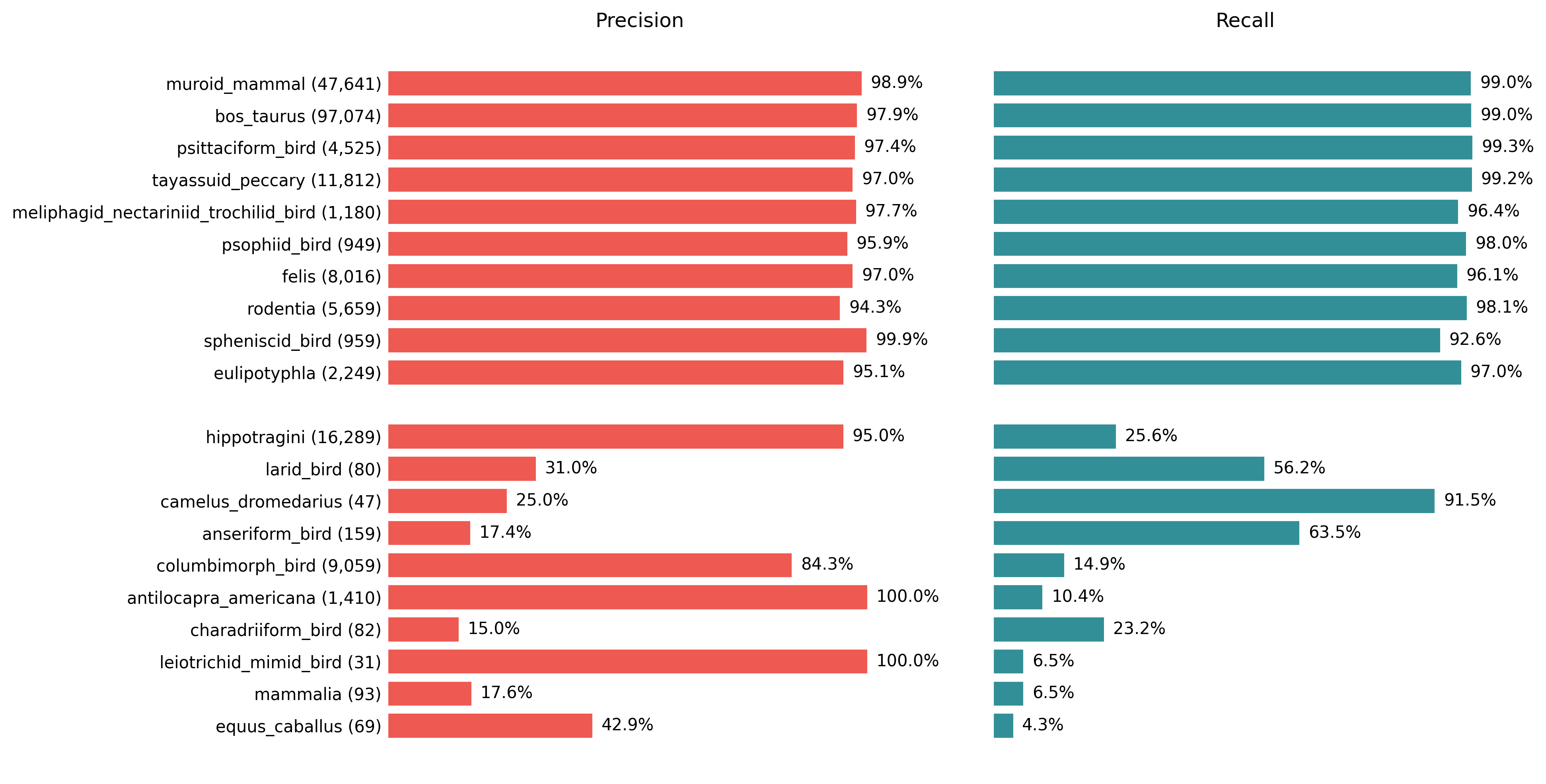 Precision and recall values for a selection of label classes. The top half are the top 10 label classes ranked by F1 score, while the bottom half are the bottom 10 label classes ranked by F1 score. The parenthetical annotation gives the number of observations of that class.