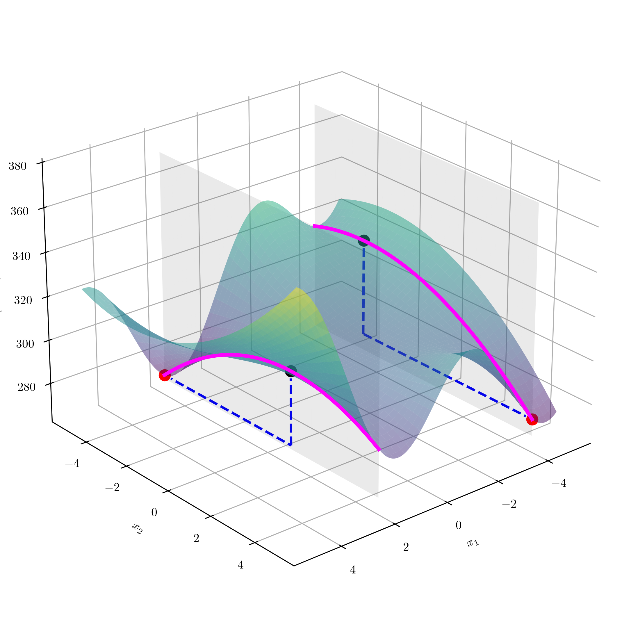 An examplar objective function. Two vertical planes corresponding to design variables x_1=-4 and x_1=2 are shown, in which the intersecting curves as well as the maximum and minimum are specifically marked.