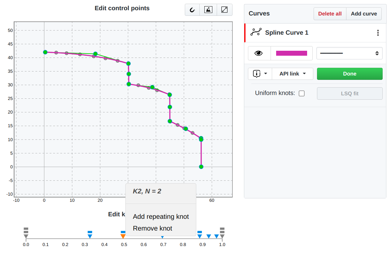 Adjusting the knot vector of the spline curve in the Fine-Tune mode