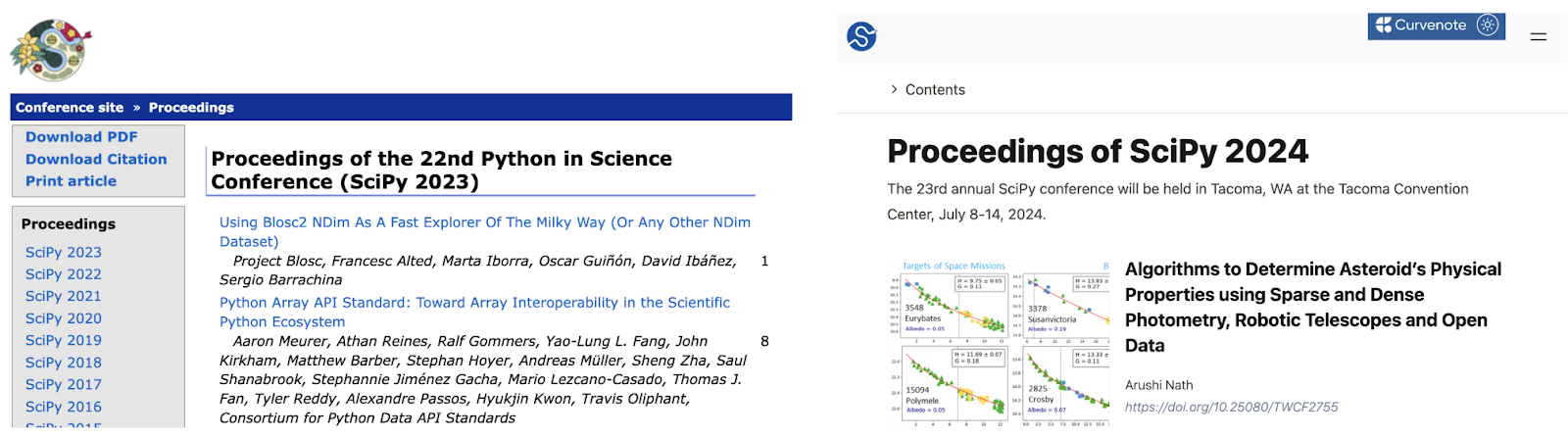 Side-by-side comparison of a 2023 Proceedings listing page, which only included titles, authors, and links to PDFs, and the 2024 Proceedings listing in the new format, using modern web components to render thumbnails and additional metadata.