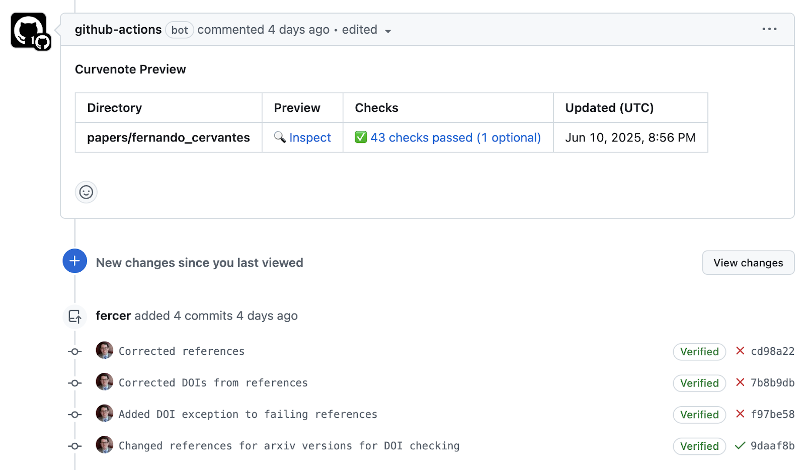 Screenshot of a GitHub Pull Request showing CI failure due to missing ORCID metadata, with the corrected version in a follow-up commit (Cervantes-Sanchez, 2025).