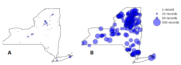 Panel A shows the number of in-situ Chl-a measurements from the Water Quality Portal across New York’s 200 largest lakes between 2015 and 2023. Panel B demonstrates that using remote sensing, we can estimate Chl-a concentrations at over 30 times more locations and dates within the same lakes and time period. Each bubble represents the center of water body and the size of the bubble is proportional to the number of measurements.