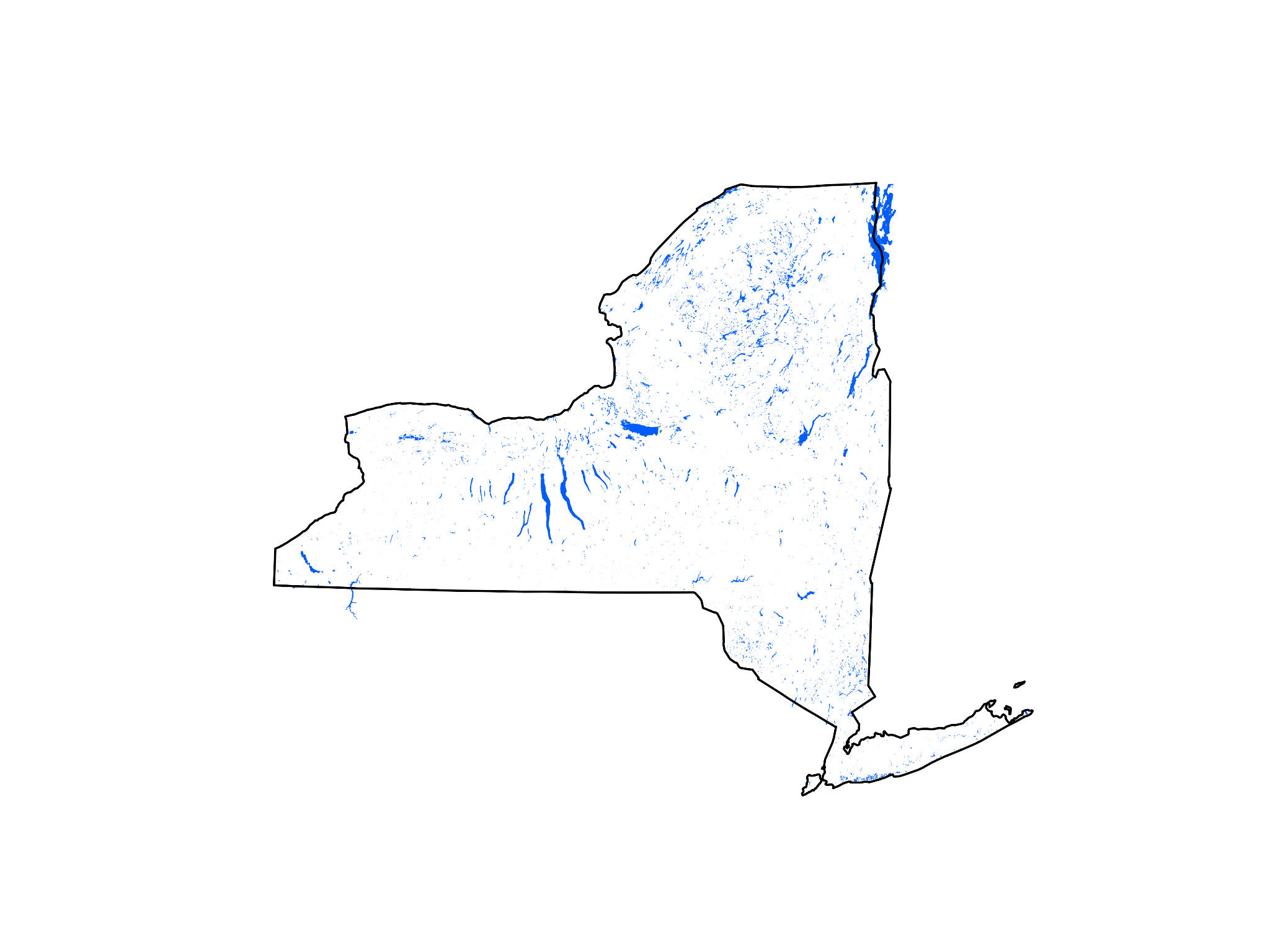Map of New York State showing all inland water bodies. There are nearly 10,000 inland water bodies in the state of New York, including lakes, ponds, swamps, and reservoirs.