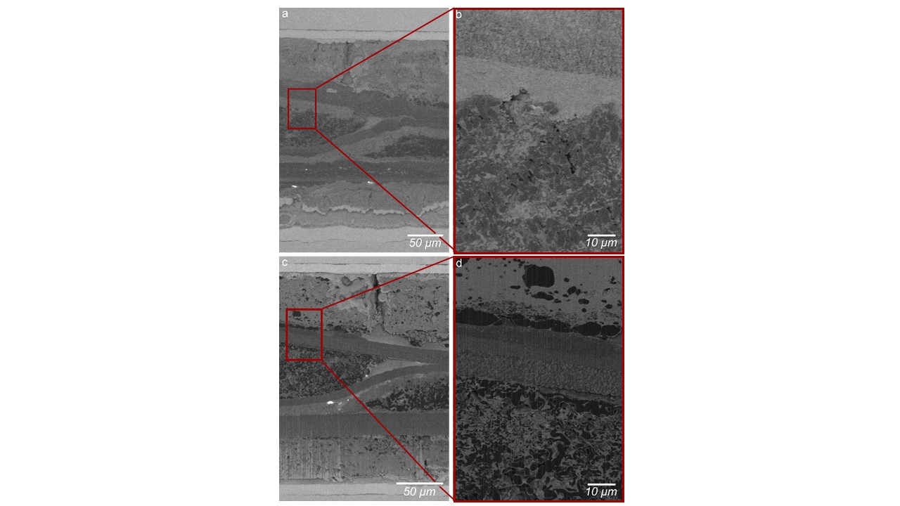 Cryo-SEM BSE images of a PFIB-polished coin cell battery with Li metal domains in SEI/electrolyte. a) UPL prepared cross-section and b) higher magnification image of region marked with a red box in a). c) Image after PFIB polish on UPL prepared cross-section from a) and b), where d) shows a higher magnification image of region marked with a red box in c).