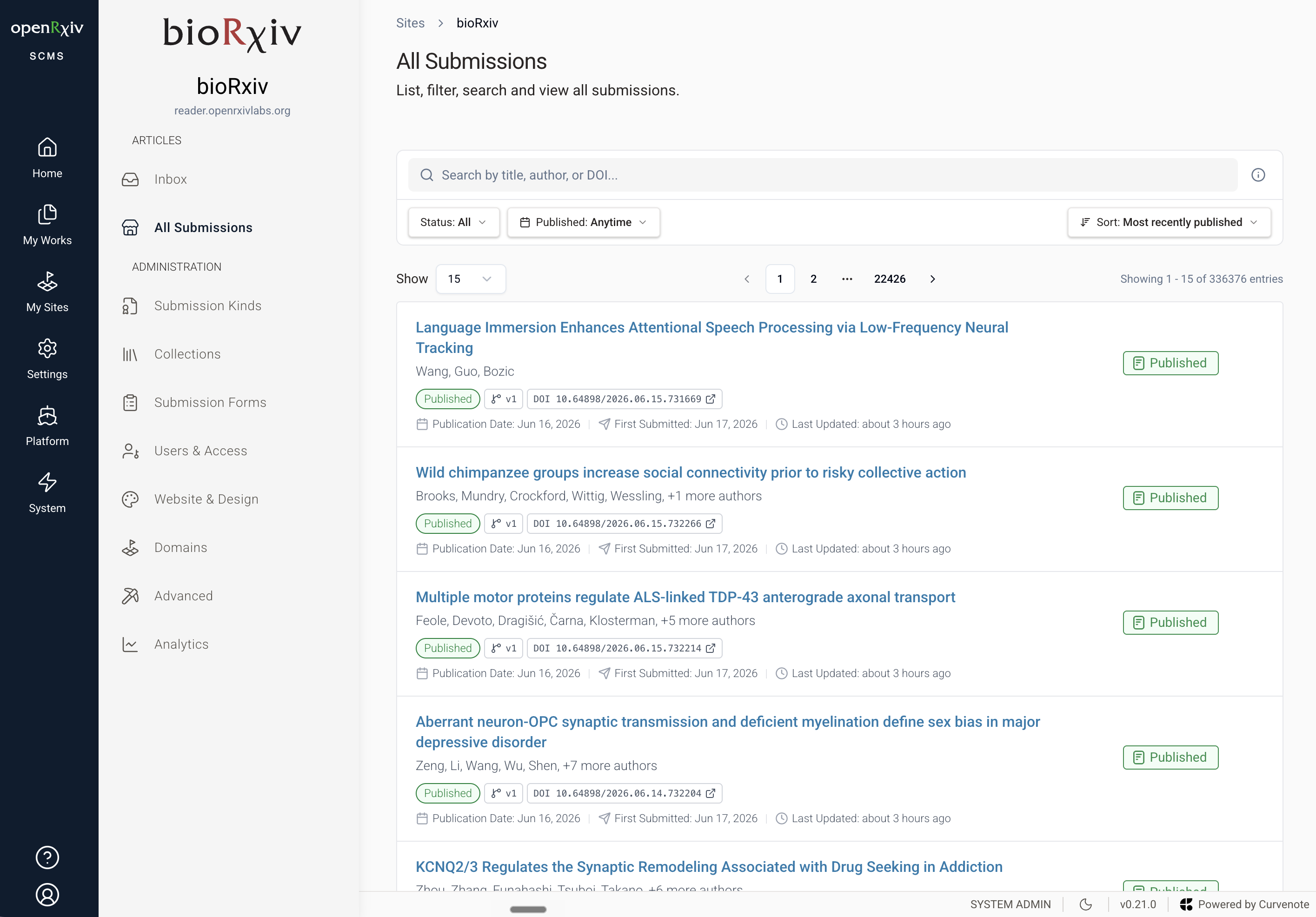Managing bioRxiv content in the Curvenote Sites module — search, filter, and view all articles.