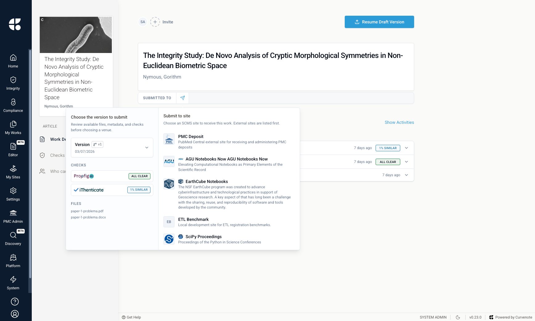The version-aware submit control on the work-details page sends a chosen work version to any eligible site in one step, offering only sites with an open collection and matching submission kind.