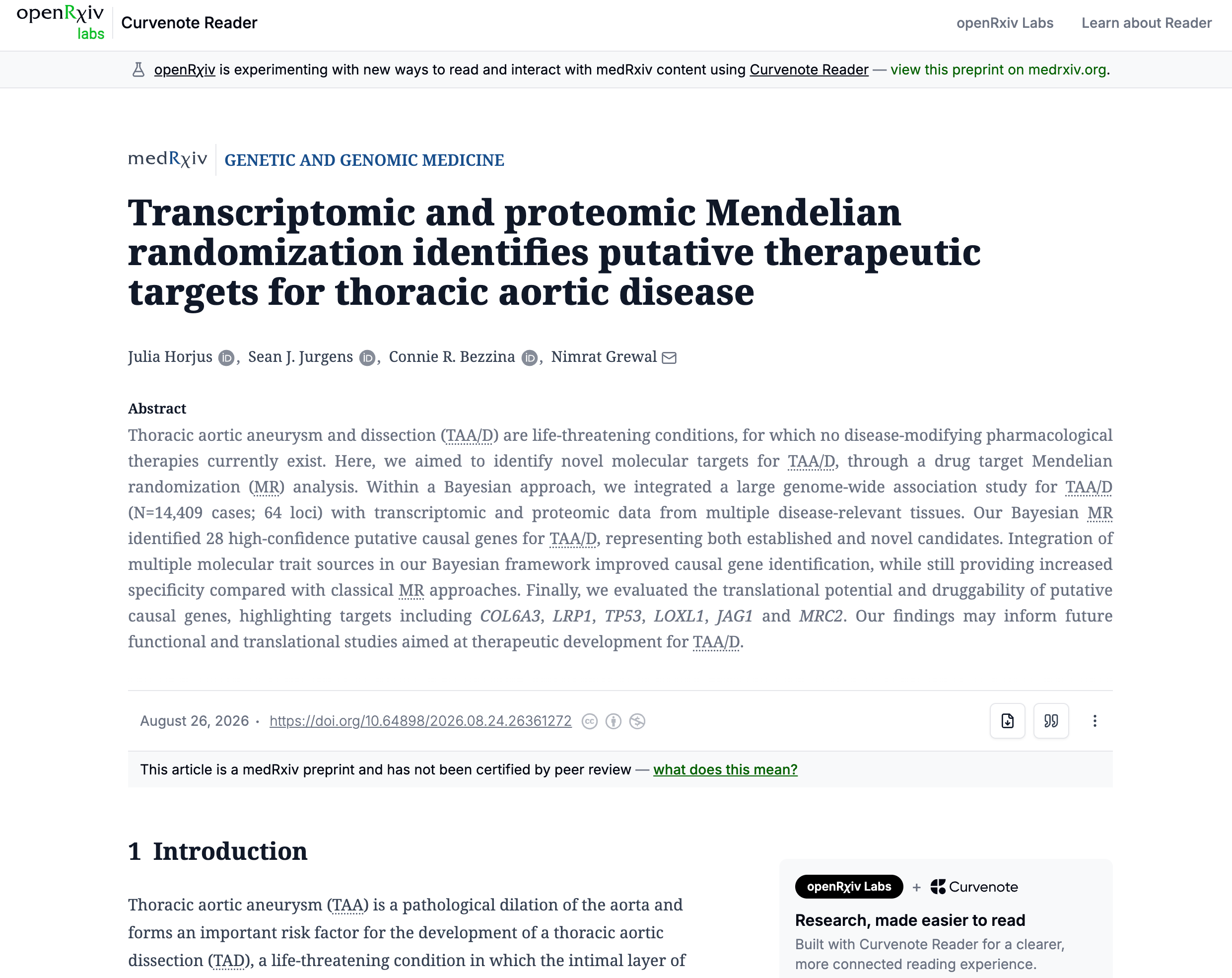 A medRxiv preprint in the openRxiv Reader: the medRxiv logo and subject label sit above the article, and the preprint banner points readers to medRxiv’s own explanation of what an uncertified preprint means.