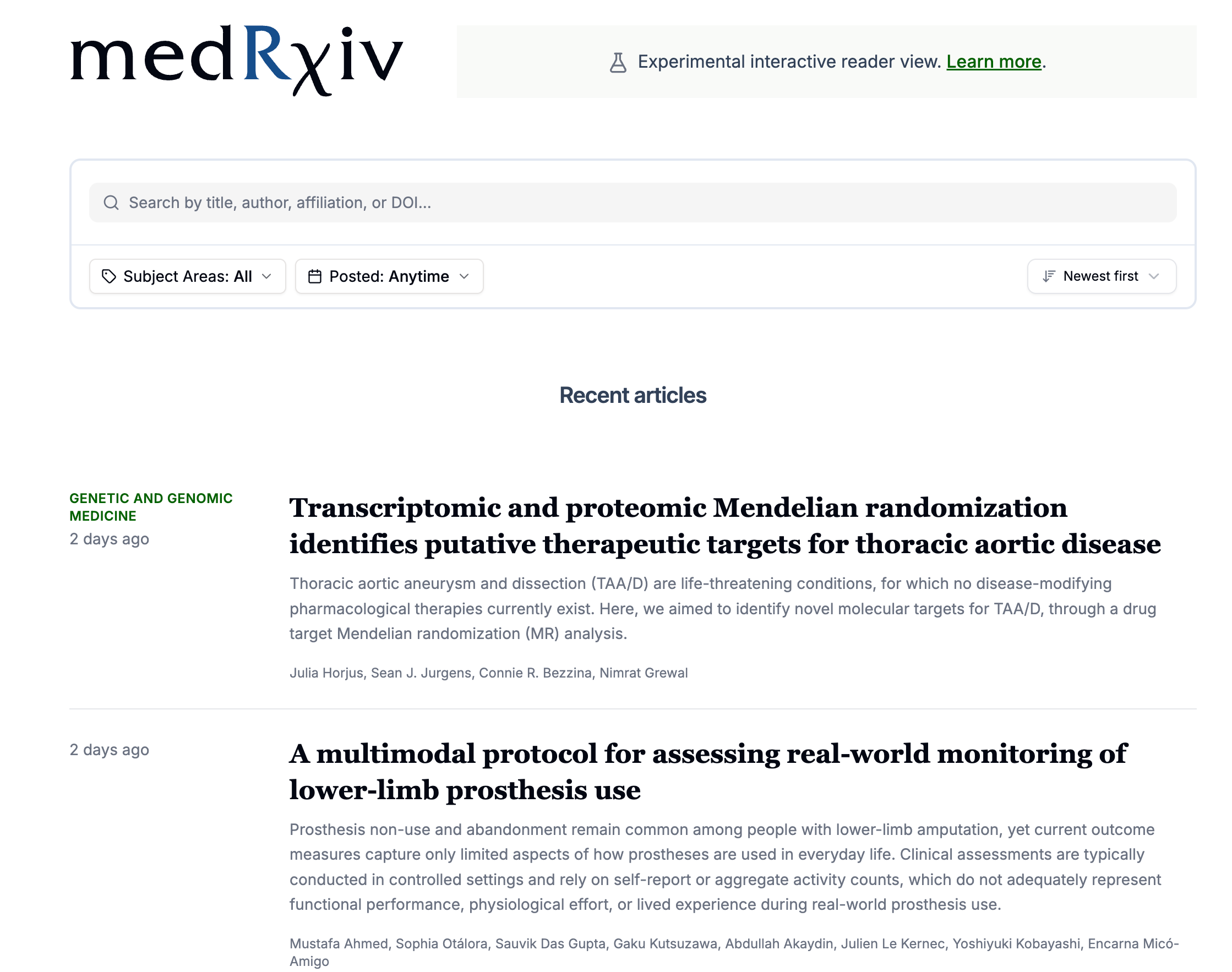 The medRxiv listing carries its own branding and health-sciences subject facets, so browsing, searching, and filtering stay within the venue you are actually reading.
